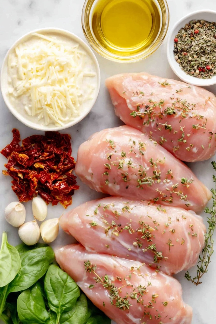 Flat lay of four raw boneless skinless chicken breasts, a small heap of mixed dried Italian herbs (oregano, thyme, basil, rosemary), coarse kosher salt crystals, a small pile of freshly ground black pepper, a few garlic cloves with papery skins removed, finely chopped yellow onion in a small mound, thinly sliced sun-dried tomatoes, a handful of fresh baby spinach leaves, a small white ceramic bowl filled with thick heavy cream, a small white ceramic bowl with freshly grated parmesan cheese, and a small white ceramic bowl holding extra virgin olive oil, all arranged symmetrically on a clean white marble surface, soft natural light, photo taken with an iPhone, professional food photography style, fresh ingredients, white ceramic bowls, no bottles, no duplicates, no utensils, no packaging --ar 2:3 --v 7 --p m7354615311229779997 - Creamy Tuscan Chicken with Sun-Dried Tomatoes, Tuscan chicken skillet, sun-dried tomato chicken recipe, easy creamy chicken dinner, flavorful chicken recipes