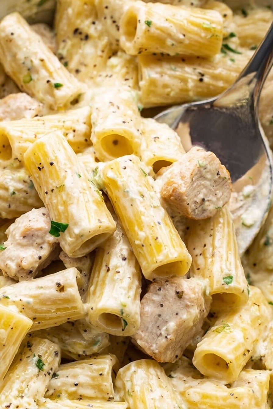 This close-up image shows tubes of rigatoni pasta covered in a creamy white sauce, mixed with small pieces of cooked chicken that have a light brown sear. The pasta is speckled with green herbs and some black pepper bits, and has a smooth, slightly glossy texture. The sauce looks thick and coats every piece evenly. A shiny metal spoon is partially visible picking up some pasta and chicken on the right side. The background is a white marbled surface. Photo taken with an iphone --ar 2:3 --v 7 - Creamy Lemon Chicken Pasta, lemon chicken pasta, creamy pasta with lemon and chicken, quick lemon chicken pasta, easy lemon pasta dinner