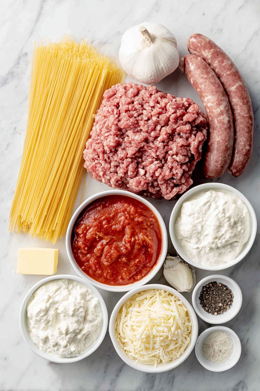 Flat lay of a bundle of uncooked spaghetti, a small pat of yellow butter on a simple white ceramic plate, a mound of fresh ground beef, a small pile of raw Italian sausage links, one whole small yellow onion, three whole garlic cloves, a small white ceramic bowl filled with vibrant red marinara sauce, a small white ceramic bowl with cream cheese, a small white ceramic bowl with ricotta cheese, a small white ceramic bowl with sour cream, a small white ceramic bowl with grated Parmesan cheese, a small white ceramic bowl with shredded mozzarella cheese, a small white ceramic bowl containing mixed Italian seasoning, a small white ceramic bowl with coarse salt, and another small white ceramic bowl with black peppercorns, all arranged symmetrically and proportionally, placed on a clean white marble surface, soft natural light, photo taken with an iPhone, professional food photography style, fresh ingredients, white ceramic bowls, no bottles, no duplicates, no utensils, no packaging --ar 2:3 --v 7 --p m7354615311229779997 - Cheesy Baked Spaghetti, cheesy baked spaghetti recipe, baked spaghetti casserole, easy cheesy pasta bake, comfort food recipes