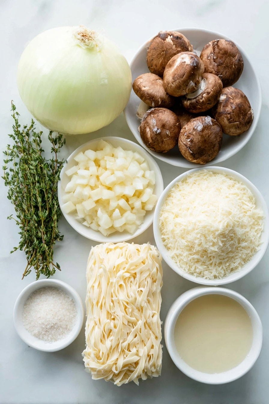 Flat lay of a large yellow onion, diced into small cubes, a pile of fresh cremini mushrooms sliced, three whole cloves of garlic with clean skins, a few sprigs of fresh thyme leaves, a small mound of all-purpose flour on a white ceramic plate, a small white ceramic bowl filled with vegetable broth, a tiny white bowl containing fine sea salt, another small white bowl with freshly ground black pepper, a neat bundle of dried broad egg noodles, a small white ceramic bowl holding fresh milk, a small pile of grated Parmesan cheese, and a few sprigs of chopped flat-leaf parsley arranged symmetrically in simple white ceramic bowls placed on a clean white marble surface, soft natural light, photo taken with an iPhone, professional food photography style, fresh ingredients, white ceramic bowls, no bottles, no duplicates, no utensils, no packaging --ar 2:3 --v 7 --p m7354615311229779997 - Creamy Vegetarian Mushroom Stroganoff, vegetarian mushroom steak, quick mushroom dinner, vegan mushroom sauce, easy vegetarian mushroom recipes