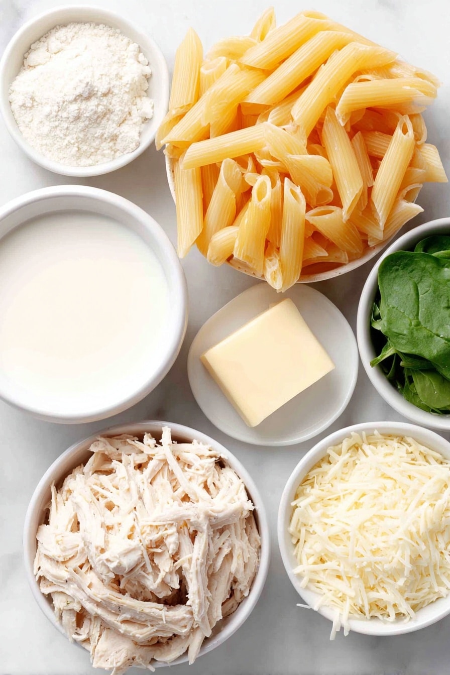 Flat lay of a mound of uncooked penne pasta, a small pat of unsalted butter, two whole uncracked brown garlic bulbs, a small white ceramic bowl with all purpose flour, a small white ceramic bowl filled with fresh whole milk, a small white ceramic bowl with a few dollops of cream cheese, a small pile of shredded parmesan cheese, a portion of cooked shredded chicken breast, a small heap of fresh lightly chopped spinach leaves, and a small white ceramic bowl with clear pasta cooking water, all arranged in perfect symmetry and balanced proportions, placed on a clean white marble surface, soft natural light, photo taken with an iPhone, professional food photography style, fresh ingredients, white ceramic bowls, no bottles, no duplicates, no utensils, no packaging --ar 2:3 --v 7 --p m7354615311229779997 - Creamy Chicken Spinach Pasta, easy creamy chicken pasta, quick spinach pasta, homemade chicken pasta, comforting pasta dinner