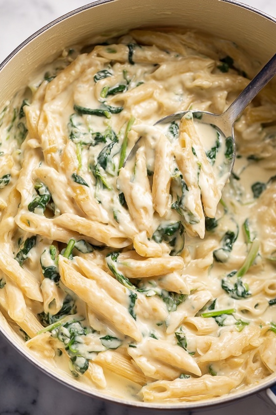 The image shows a pot filled with creamy pasta. The pasta is penne, which is light beige and mixed in a thick white sauce. There are pieces of green spinach evenly spread throughout the pasta, adding small color spots. The sauce looks smooth and coats the pasta well. A metal spoon is partially inside the pot, lifting some pasta. The background is a white marbled texture. photo taken with an iphone --ar 2:3 --v 7 - Creamy Chicken Spinach Pasta, easy creamy chicken pasta, quick spinach pasta, homemade chicken pasta, comforting pasta dinner