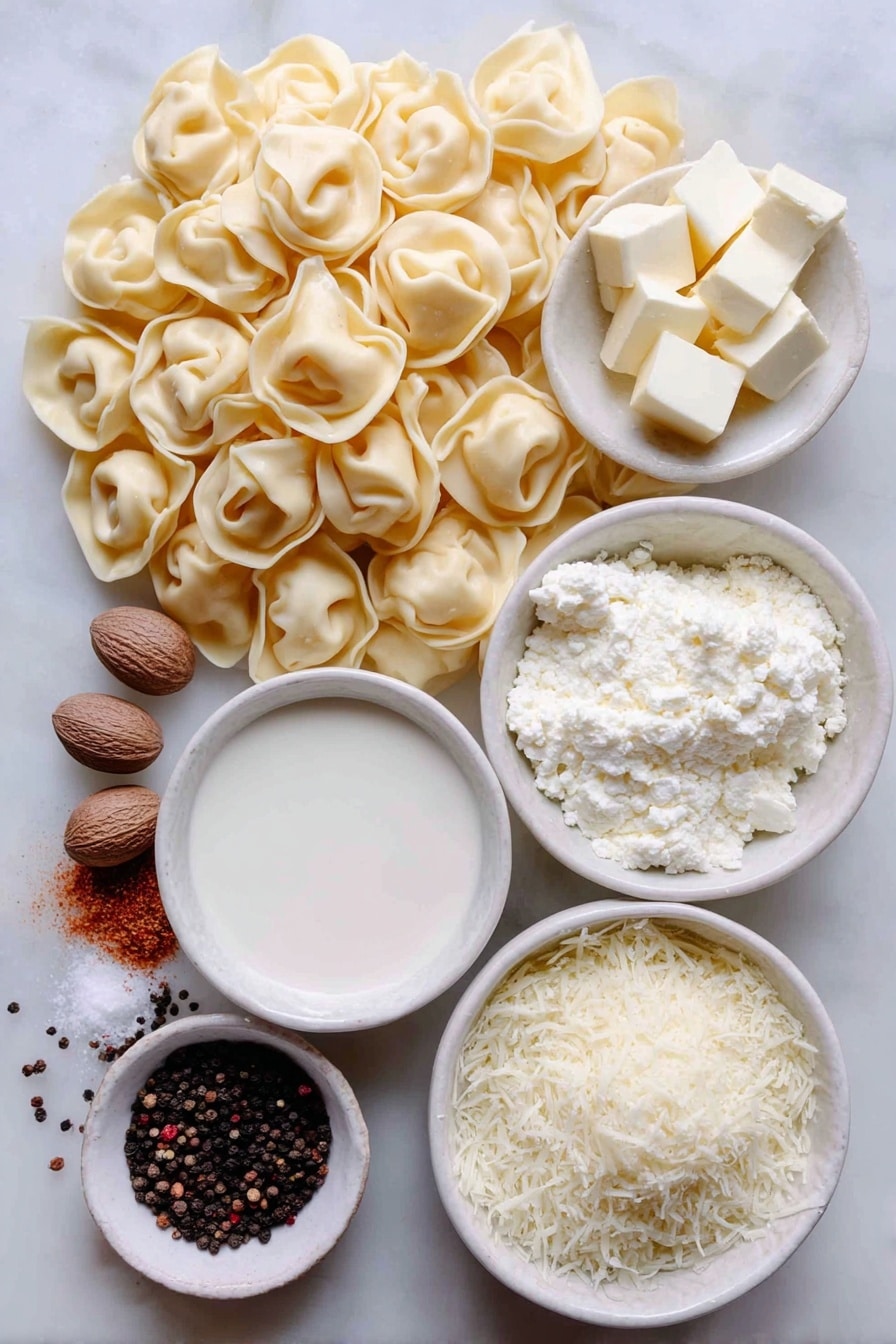 Flat lay of a mound of fresh cheese tortellini pasta, a small white ceramic bowl of unsalted butter cubes, a small white ceramic bowl filled with heavy cream, a small white ceramic bowl of freshly grated parmesan cheese, a few whole nutmeg seeds next to a small pile of ground nutmeg, a small cluster of whole black peppercorns with some freshly ground black pepper scattered nearby, all arranged symmetrically and balanced, placed on a clean white marble surface, soft natural light, photo taken with an iPhone, professional food photography style, fresh ingredients, white ceramic bowls, no bottles, no duplicates, no utensils, no packaging --ar 2:3 --v 7 --p m7354615311229779997 - Creamy Cheese Tortellini, cheesy tortellini pasta, quick pasta dinner, comfort food recipes, easy cheese tortellini