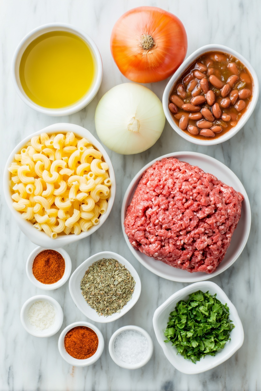 Flat lay of a small white ceramic bowl of golden olive oil, two whole uncracked brown garlic cloves, one whole fresh onion with white and light purple layers visible, one red bell pepper chopped into vibrant pieces, a mound of raw lean ground beef with deep red color, a simple white ceramic bowl filled with bright crushed tomatoes, a small white bowl of glossy red kidney beans drained, a small white bowl holding rich brown beef broth, uncooked elbow macaroni pasta arranged neatly, a small white bowl heaped with shredded yellow and orange cheddar and Monterey Jack cheese blend, a small white bowl with finely chopped fresh green cilantro, another small white bowl containing bright red cayenne pepper powder, a small white bowl of deep orange paprika powder, a small white bowl with warm brown cumin powder, a small white bowl with pale beige onion powder, a small white bowl with dried oregano leaves, a small white bowl of coarse black pepper, and a small white bowl of white salt crystals, all arranged in perfect symmetry placed on a clean white marble surface, soft natural light, photo taken with an iPhone, professional food photography style, fresh ingredients, white ceramic bowls, no bottles, no duplicates, no utensils, no packaging --ar 2:3 --v 7 --p m7354615311229779997 - One Pot Chili Mac and Cheese, chili mac and cheese recipe, easy comfort food, one pot dinner ideas, hearty weeknight meals