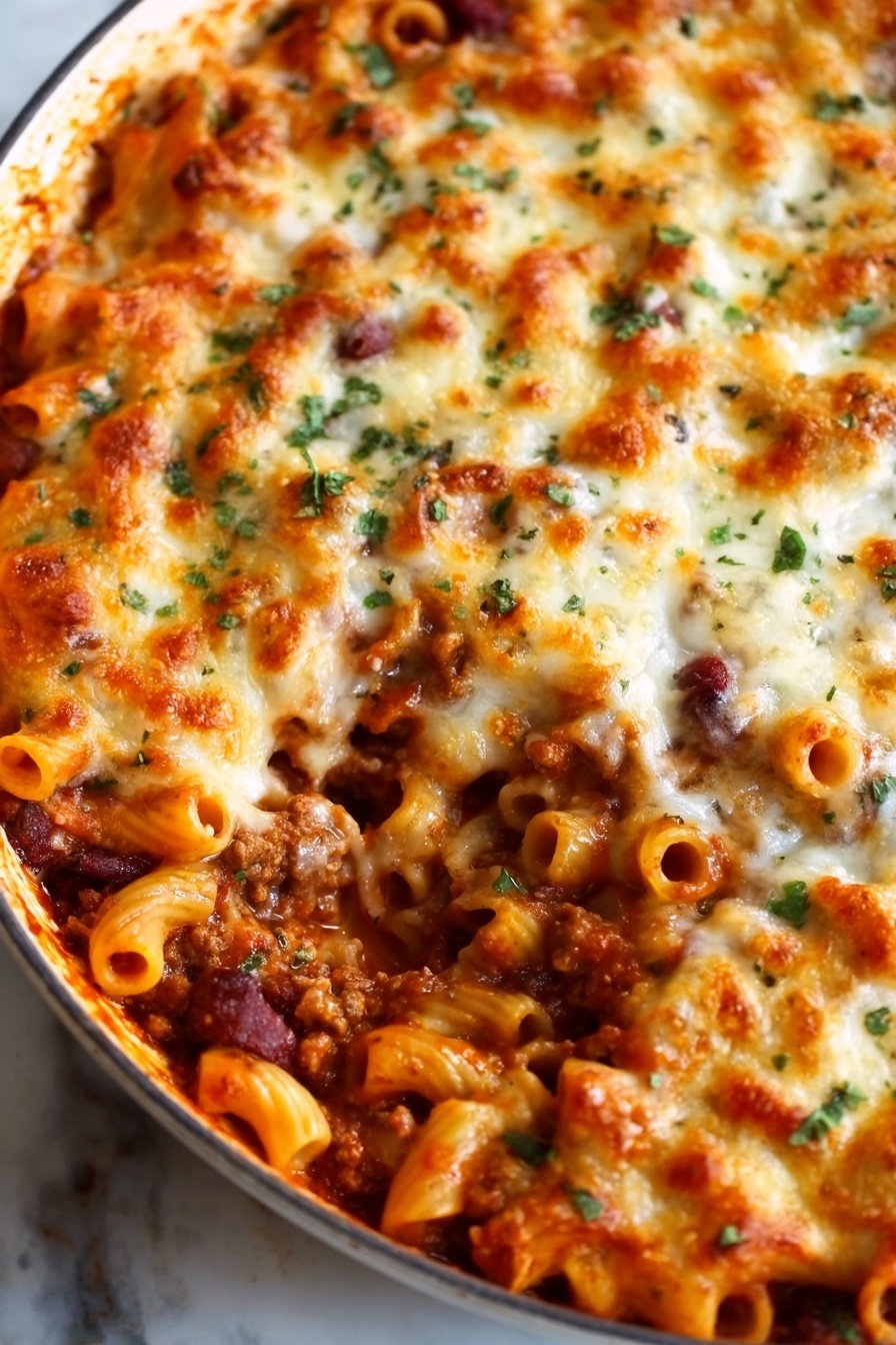 The image shows a close-up of a round white pan filled with baked pasta. The dish has a top layer of melted golden cheese with some browned spots, sprinkled with green herbs. Underneath, tubes of reddish pasta are visible inside a thick red sauce with bits of meat. The cheese melts over the pasta, creating a bubbly and inviting texture. The pan is placed on a white marbled surface. photo taken with an iphone --ar 2:3 --v 7 - One Pot Chili Mac and Cheese, chili mac and cheese recipe, easy comfort food, one pot dinner ideas, hearty weeknight meals