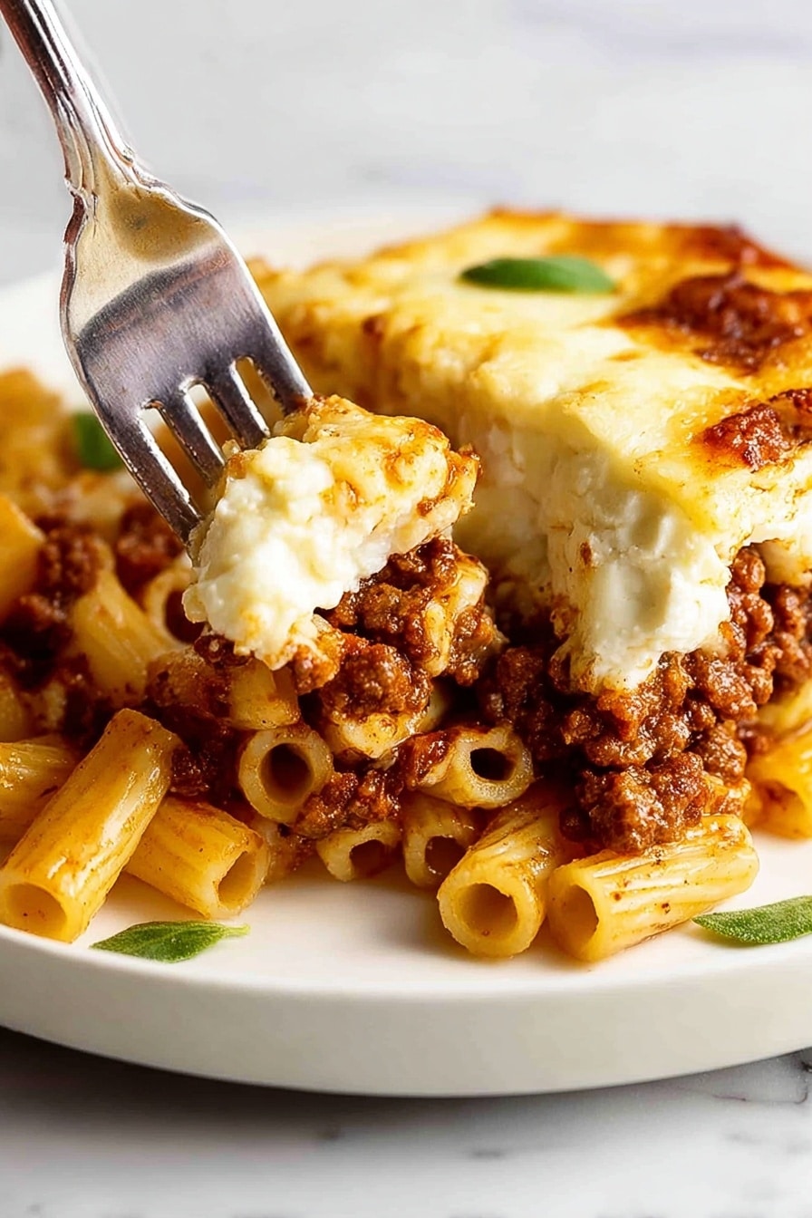 The dish shows a close-up of baked pasta in a white plate on a white marbled surface. It has three visible layers: the bottom layer is small tube pasta in light yellow color, the middle layer is ground meat sauce in dark brown with a slightly chunky texture, and the top layer is melted white cheese with a smooth and shiny surface. A knife and a fork held by a woman's hand are cutting into the dish from the top, lifting a portion that reveals the layers clearly. There are small green leaves for garnish around the edges. Photo taken with an iphone --ar 2:3 --v 7 - Greek Pastitsio Pasta Bake, Greek pasta casserole, Mediterranean pasta bake, authentic Greek pasta, comforting Greek baked pasta