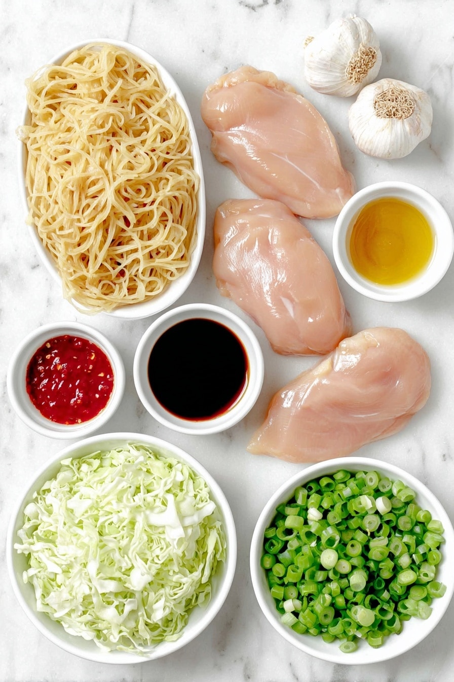 Flat lay of fresh raw chicken breasts neatly arranged, a bundle of uncooked linguine pasta, two whole uncracked brown garlic bulbs with some cloves peeled, a small white ceramic bowl of creamy peanut butter, a small white bowl filled with deep red wine vinegar, a small white bowl containing glossy amber sesame oil, a small white bowl of dark soy sauce, a small white bowl with bright red hot chili oil, a small white bowl with golden honey, a small white bowl with light pale vegetable oil, a small white bowl of clear water, a small white ceramic bowl heaped with shredded fresh red cabbage, and a small pile of thinly sliced bright green scallions, all ingredients displayed with perfect symmetry and natural freshness, placed on a clean white marble surface, soft natural light, photo taken with an iPhone, professional food photography style, fresh ingredients, white ceramic bowls, no bottles, no duplicates, no utensils, no packaging --ar 2:3 --v 7 --p m7354615311229779997 - Thai Peanut Chicken Noodles, Thai peanut noodles, Chicken noodle stir-fry, Creamy peanut sauce recipes, Easy Asian chicken dishes