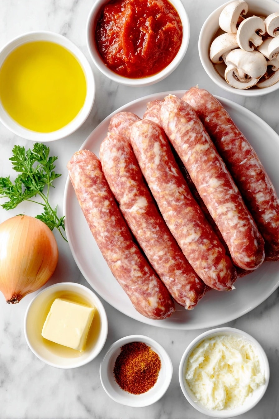 Flat lay of eight thick raw pork sausages arranged neatly, a small white ceramic bowl of golden olive oil, a pat of pale yellow butter on a simple white plate, one whole peeled onion with smooth dry skin, two whole garlic cloves with their papery skins intact, a small white ceramic bowl filled with sliced fresh chestnut mushrooms, a small white bowl holding vibrant red tomato puree, a small white bowl with smooth pale yellow Dijon mustard, a small white bowl containing rich reddish-brown smoked paprika powder, a small white bowl of clear golden chicken stock, a small white bowl of creamy white creme fraiche, and a few sprigs of bright green chopped parsley scattered artfully on a white ceramic plate, all placed on a clean white marble surface, soft natural light, photo taken with an iPhone, professional food photography style, fresh ingredients, white ceramic bowls, no bottles, no duplicates, no utensils, no packaging --ar 2:3 --v 7 --p m7354615311229779997 - Creamy Sausage Stroganoff, sausage stroganoff, easy sausage dinner, comforting weeknight meals, flavorful sausage recipes