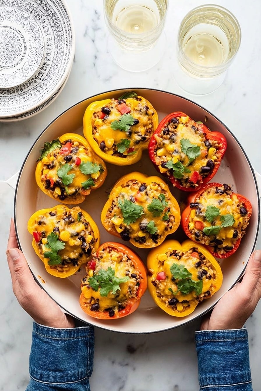 A white round pan is filled with nine stuffed bell pepper halves arranged in three rows, featuring vibrant yellow, orange, and red colors. Each pepper is filled with a mixture of brown rice or quinoa, black beans, corn, small pieces of red and yellow bell pepper, topped with melted yellow cheese and fresh green cilantro leaves. The peppers have a slightly shiny baked texture on top, showing a mix of soft melted cheese and cooked filling. Two woman’s hands hold the pan handles on each side, with one wearing a blue denim long-sleeve shirt. The background surface is white marble, with white patterned plates and two glasses of white wine nearby. photo taken with an iphone --ar 2:3 --v 7 - Mexican Stuffed Bell Peppers, stuffed bell peppers, Mexican stuffed peppers recipe, easy stuffed peppers, healthy Mexican stuffed peppers