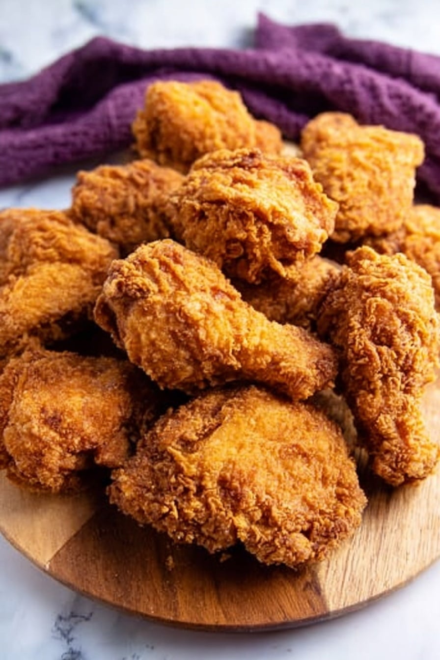 A wooden board holds a pile of golden brown fried chicken pieces, each with a crispy, rough texture. The pieces vary in size and shape, layered closely together, showing crunchy, well-fried coating. The background is a white marbled surface with a purple cloth partially visible in the upper part of the image. The lighting highlights the crunch and color of the chicken, making it look hot and fresh. photo taken with an iphone --ar 2:3 --v 7 - Southern Crispy Fried Chicken, crispy fried chicken recipe, how to make fried chicken crispy, Southern fried chicken secrets, crispy juicy fried chicken