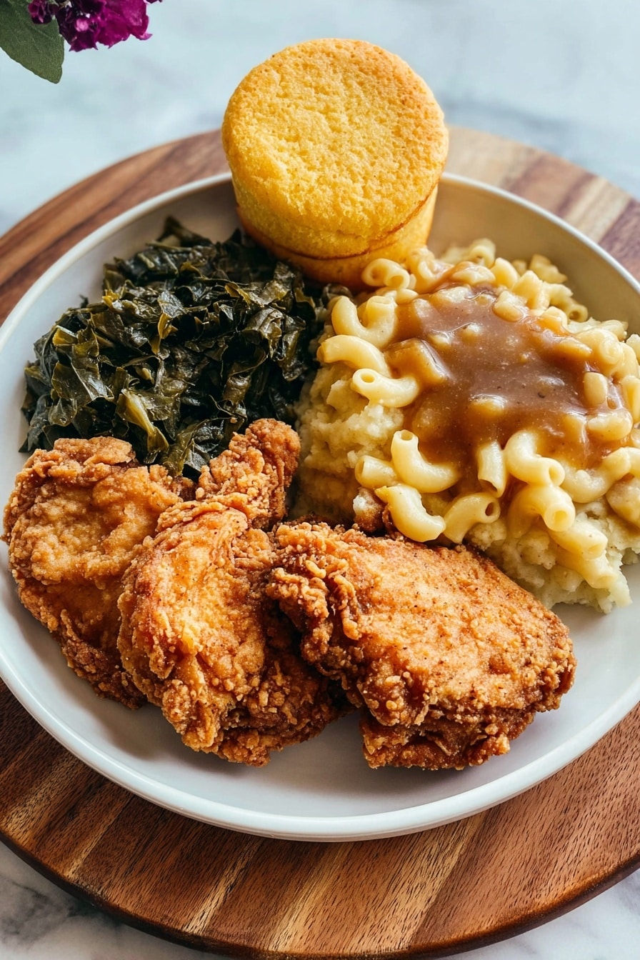 A round white plate holds a full meal with five main parts arranged in a circle. At the front are two pieces of fried chicken with a crispy golden brown crust and rough texture. To the left, dark green cooked leafy vegetables sit compactly. In the middle, creamy macaroni and cheese with soft, curly pasta coated in melted cheese is placed next to the greens. At the top, a round, golden yellow cornbread muffin with a slightly cracked top sits upright, leaning a little backward. To the right, mashed potatoes topped with thick brown gravy form a soft, lumpy pile. The plate is set on a round wooden board, with a white marbled surface around it. photo taken with an iphone --ar 2:3 --v 7 - Southern Crispy Fried Chicken, crispy fried chicken recipe, how to make fried chicken crispy, Southern fried chicken secrets, crispy juicy fried chicken