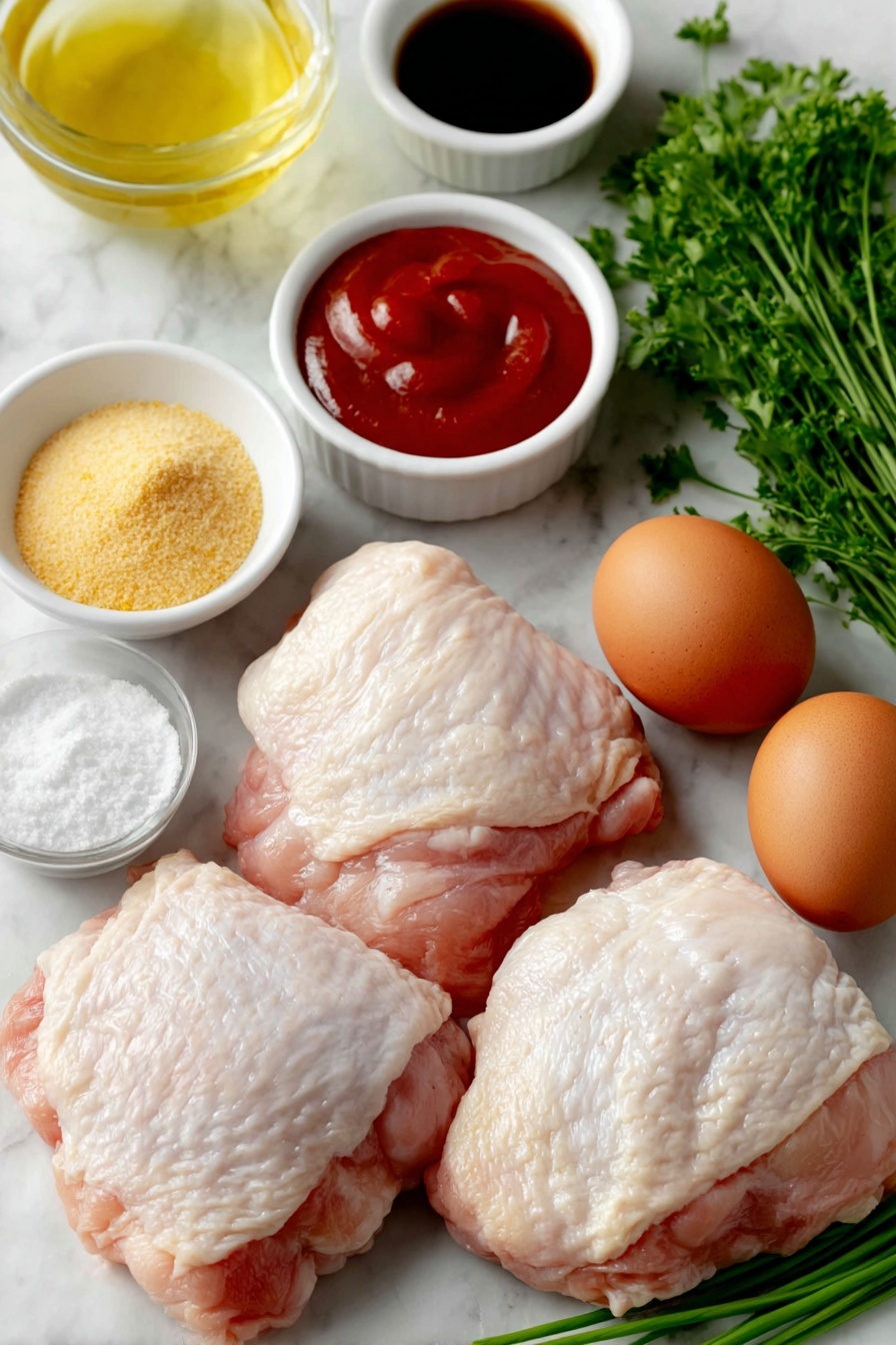 Flat lay of fresh bone-in chicken thighs with skin on, two brown eggs (whole and uncracked), a small white ceramic bowl of bright red ketchup, a small white bowl of clear apple cider vinegar, a small white bowl of dark Worcestershire sauce, a small white bowl filled with golden brown sugar, a small white bowl of pale yellow mustard powder, a small white bowl with finely ground onion powder, a small white bowl of coarse sea salt, a small white bowl with cracked black pepper, a small white bowl of clear water, and a small bunch of fresh green parsley and chives arranged neatly, all placed on a clean white marble surface, soft natural light, photo taken with an iPhone, professional food photography style, fresh ingredients, white ceramic bowls, no bottles, no duplicates, no utensils, no packaging --ar 2:3 --v 7 --p m7354615311229779997 - Oven BBQ Chicken with Homemade Sauce, Oven BBQ Chicken, Homemade BBQ Chicken Recipe, Juicy Oven Chicken, Easy BBQ Chicken Dinner