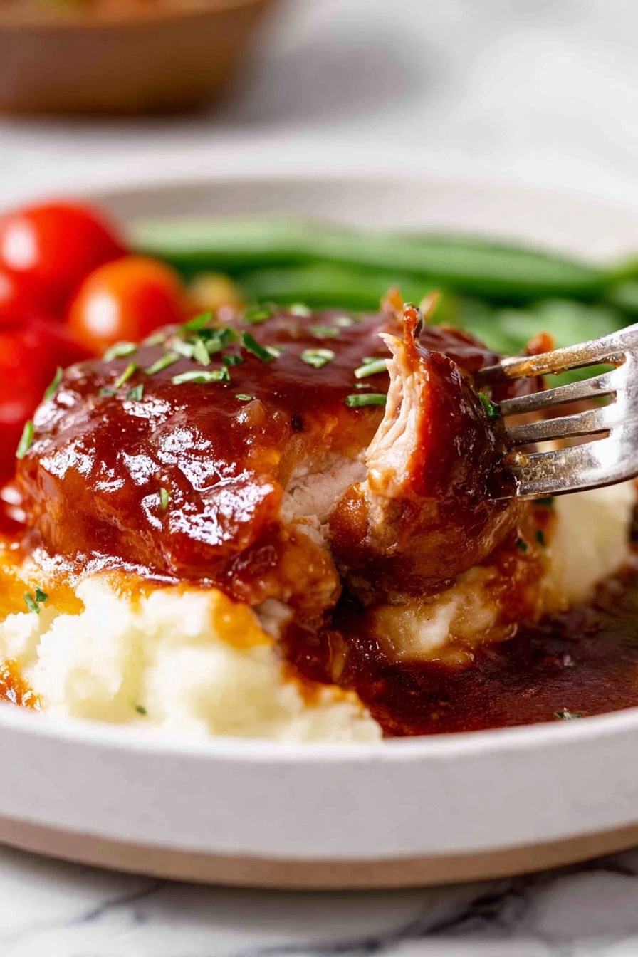 A white plate filled with three layers: the bottom layer is creamy mashed potatoes with a smooth texture, the middle layer is a thick piece of cooked meat topped with a shiny reddish-brown sauce, and the top layer has small green herb pieces sprinkled over the sauce. On the side of the plate, there are blurred cherry tomatoes and green beans adding red and green colors in the background. A fork is holding a piece of the meat, lifting it slightly from the plate. The dish is set on a white marbled surface. Photo taken with an iphone --ar 2:3 --v 7 - Oven BBQ Chicken with Homemade Sauce, Oven BBQ Chicken, Homemade BBQ Chicken Recipe, Juicy Oven Chicken, Easy BBQ Chicken Dinner