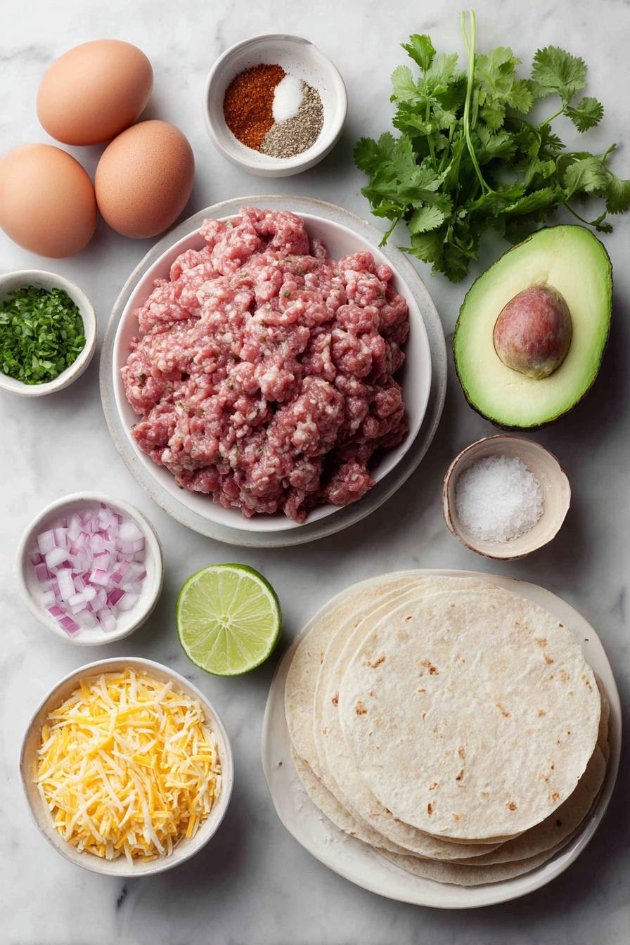Flat lay of seasoned raw ground beef in a small white ceramic bowl, a small white bowl of ground cumin powder, a small white bowl of smoked paprika, a small white bowl of garlic powder, a small white bowl of chili powder, two uncracked brown eggs, a small white bowl of salt, a small white bowl of freshly cracked black pepper, a small white bowl with quartered cherry tomatoes, half of a sweet onion diced on a simple white plate, a small pile of chopped cilantro leaves on a white dish, half a lime cut and placed on a white plate, a whole ripe avocado sliced open showing its pit, a neat stack of warm corn tortillas on a white ceramic plate, a small mound of sharp white cheddar cheese freshly grated on a white plate, a small serving of quick pickled onions in a white bowl, fresh cilantro sprigs arranged artfully on white ceramic, all ingredients fresh and natural, arranged symmetrically and in balanced proportion, placed on a clean white marble surface, soft natural light, photo taken with an iPhone, professional food photography style, fresh ingredients, white ceramic bowls, no bottles, no duplicates, no utensils, no packaging --ar 2:3 --v 7 --p m7354615311229779997 - Easy Ground Beef Tacos, ground beef tacos, quick taco recipes, homemade beef tacos, weeknight taco dinner