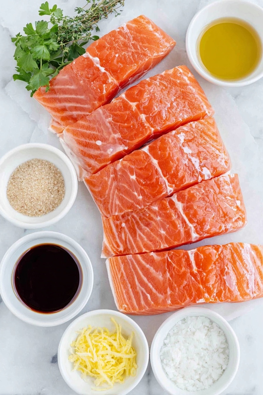Flat lay of six fresh raw salmon fillets with vibrant orange-pink flesh and silver skin edges, a small white bowl filled with golden olive oil, a small white bowl holding coarse light brown sugar crystals, a small white bowl containing dark amber soy sauce, a small white bowl with bright yellow lemon zest strands, a small white bowl of pale creamy Dijon mustard, a small white bowl with fresh bright green parsley leaves, a small white bowl with fresh green thyme leaves, a small white bowl of white salt crystals, a small white bowl with freshly ground black pepper, a small white bowl with minced fresh garlic placed on a clean white marble surface, soft natural light, photo taken with an iPhone, professional food photography style, fresh ingredients, white ceramic bowls, no bottles, no duplicates, no utensils, no packaging --ar 2:3 --v 7 --p m7354615311229779997 - Grilled Salmon with Flavorful Marinade, healthy grilled salmon, salmon marinade recipe, easy salmon grill recipe, flavorful seafood dishes