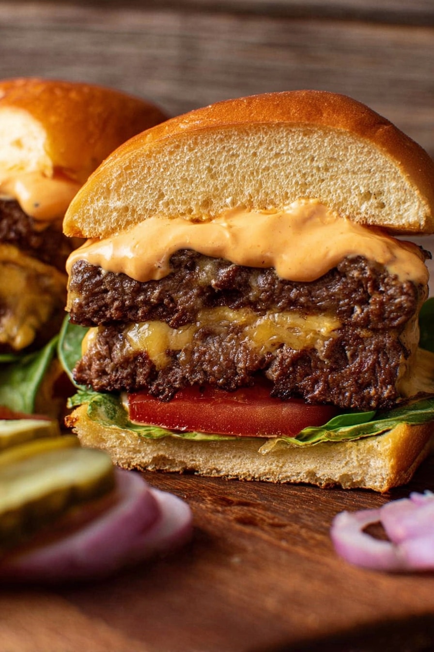 A close-up photo of a burger cut in half showing three layers: the top layer is a soft golden-brown bun with a thick spread of creamy orange sauce that looks smooth and rich; below it are two thick, brown beef patties stacked with a small slice of melted cheese between them; under the patties is a bright red tomato slice resting on a green leaf, placed on the bottom soft golden-brown bun. The burger is set on a wooden board with a few pickle slices and some red onion rings blurred in the foreground. The background shows a wooden surface. Photo taken with an iphone --ar 2:3 --v 7 - Easy Juicy Cheeseburgers with Homemade Patties, Juicy Cheeseburgers, Homemade Burger Recipes, Best Cheeseburgers, How to Make Juicy Burgers
