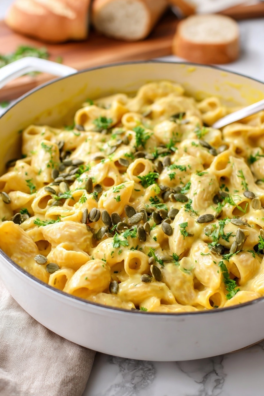 The image shows a white pan filled with creamy macaroni pasta coated in a pale yellow sauce. The pasta is topped with green pumpkin seeds and finely chopped fresh parsley, adding small splashes of green color. The pan is set on a white marbled surface with a beige cloth nearby, and there is blurred bread on a wooden board in the background. photo taken with an iphone --ar 2:3 --v 7 - Creamy Pumpkin Pasta Sauce, pumpkin pasta sauce recipe, easy pumpkin pasta, fall pasta recipes, cozy pasta dishes