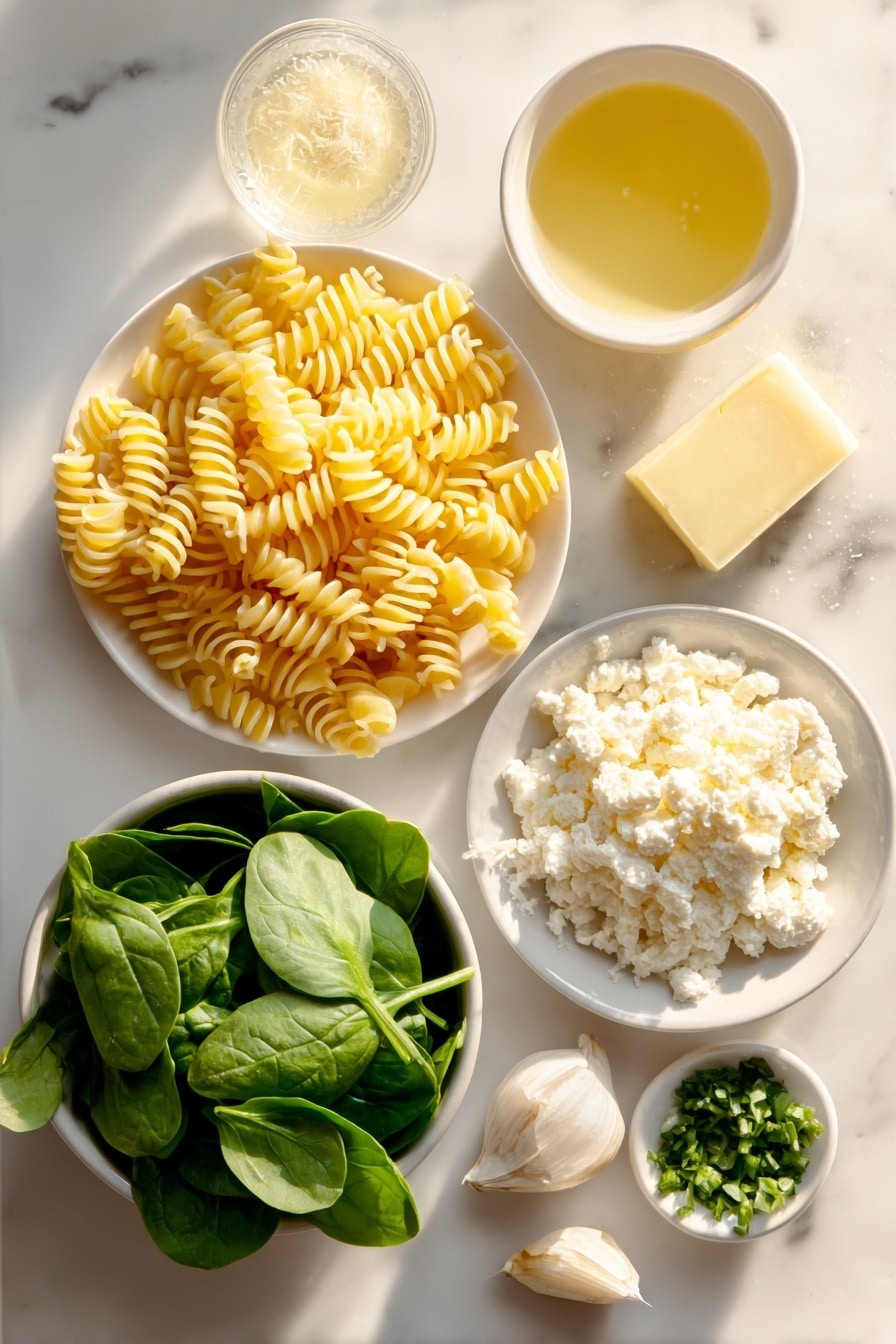 Flat lay of dry uncooked farfalle pasta arranged in a neat pile, a small mound of crumbled creamy goat cheese, a small white bowl filled with freshly grated pale yellow parmesan cheese, a small white bowl with clear fresh lemon juice, a pat of golden butter on a simple white ceramic plate, a single peeled garlic clove finely minced shown in a small white bowl, a packed bunch of vibrant fresh baby spinach leaves, and a small handful of bright green chopped fresh basil leaves in a white ceramic bowl, all placed on a clean white marble surface, soft natural light, photo taken with an iPhone, professional food photography style, fresh ingredients, white ceramic bowls, no bottles, no duplicates, no utensils, no packaging --ar 2:3 --v 7 --p m7354615311229779997 - Creamy Spinach Goat Cheese Pasta, goat cheese pasta recipe, easy creamy pasta, spinach pasta dish, quick weeknight dinner