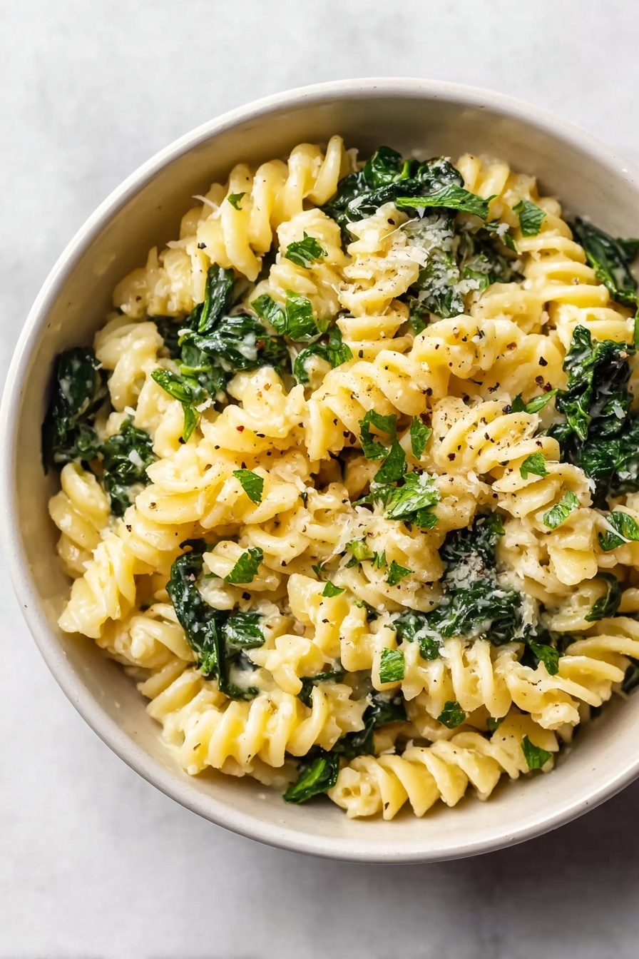 A white bowl filled with creamy spiral pasta mixed with dark green leafy spinach. The spirals are light yellow and soft-looking, coated evenly with a pale, creamy sauce. Small green herb pieces and a sprinkle of grated white cheese are scattered on top, with tiny black pepper flakes adding texture. The bowl sits on a white marbled surface, and the photo captures the fresh and simple look of the dish. photo taken with an iphone --ar 2:3 --v 7 - Creamy Spinach Goat Cheese Pasta, goat cheese pasta recipe, easy creamy pasta, spinach pasta dish, quick weeknight dinner