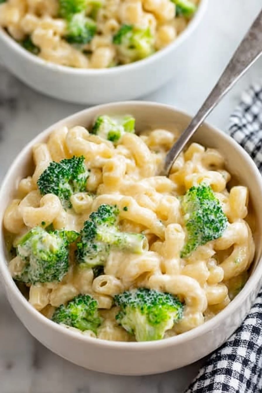 A close-up image shows a white bowl filled with macaroni pasta mixed with bright green broccoli pieces. The macaroni is covered in creamy, light-colored cheese sauce, giving it a smooth texture with some gloss. A metal spoon is partially inside the bowl, holding some pasta and broccoli. In the background, part of another white bowl with the same dish is visible. The bowls are placed on a white marbled surface with a checkered cloth nearby. Photo taken with an iphone --ar 2:3 --v 7 - Broccoli Mac and Cheese, cheesy broccoli pasta, healthy comfort food, quick broccoli mac and cheese, easy broccoli pasta recipe