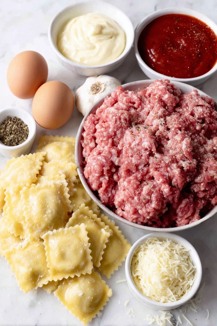Flat lay of raw ground beef shaped loosely in a pile, a small diced yellow onion in a neat heap, three whole uncracked garlic cloves, a mound of uncooked square ravioli pasta with ruffled edges, a small white ceramic bowl filled with bright red marinara sauce, another small white bowl containing creamy half and half, a small white bowl with finely shredded mozzarella cheese, a tiny white bowl holding reddish-brown Worcestershire sauce, a tiny white bowl with deep orange hot sauce, a small white bowl containing mixed dried herbs powder (basil, oregano, onion powder, mustard powder) finely ground, and two whole brown eggs with clean shells arranged for seasoning with salt and black peppercorns beside them — all ingredients fresh and natural, perfectly balanced and symmetrical on a clean white marble surface, soft natural light, photo taken with an iPhone, professional food photography style, fresh ingredients, white ceramic bowls, no bottles, no duplicates, no utensils, no packaging --ar 2:3 --v 7 --p m7354615311229779997 - Baked Ravioli with Meat Sauce, baked ravioli casserole, Italian baked pasta, easy meat sauce pasta, cheesy baked ravioli