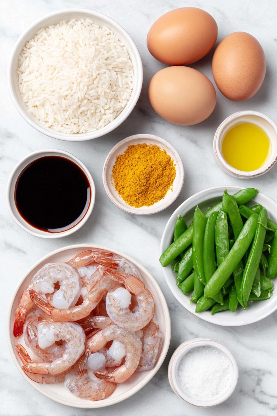 Flat lay of uncooked jasmine rice in a small white ceramic bowl, two whole brown eggs with clean shells, a small white bowl of dark soy sauce, a small white bowl of light soy sauce, a small white bowl of bright yellow turmeric powder, a small white bowl of golden canola oil, a small white bowl of sesame oil, fresh peeled and deveined raw shrimp arranged naturally, a medium yellow onion diced in a small white ceramic dish, bright green chopped snow peas in a small white bowl, a single fresh green scallion chopped on a white ceramic plate, a small white bowl of Shaoxing wine, and a pinch of white granulated sugar and salt in separate tiny white bowls, all ingredients fresh and natural, perfectly balanced and symmetrical, placed on a clean white marble surface, soft natural light, photo taken with an iPhone, professional food photography style, fresh ingredients, white ceramic bowls, no bottles, no duplicates, no utensils, no packaging --ar 2:3 --v 7 --p m7354615311229779997 - Easy Shrimp Fried Rice, shrimp fried rice recipe, quick shrimp fried rice, flavorful seafood fried rice, homemade shrimp fried rice