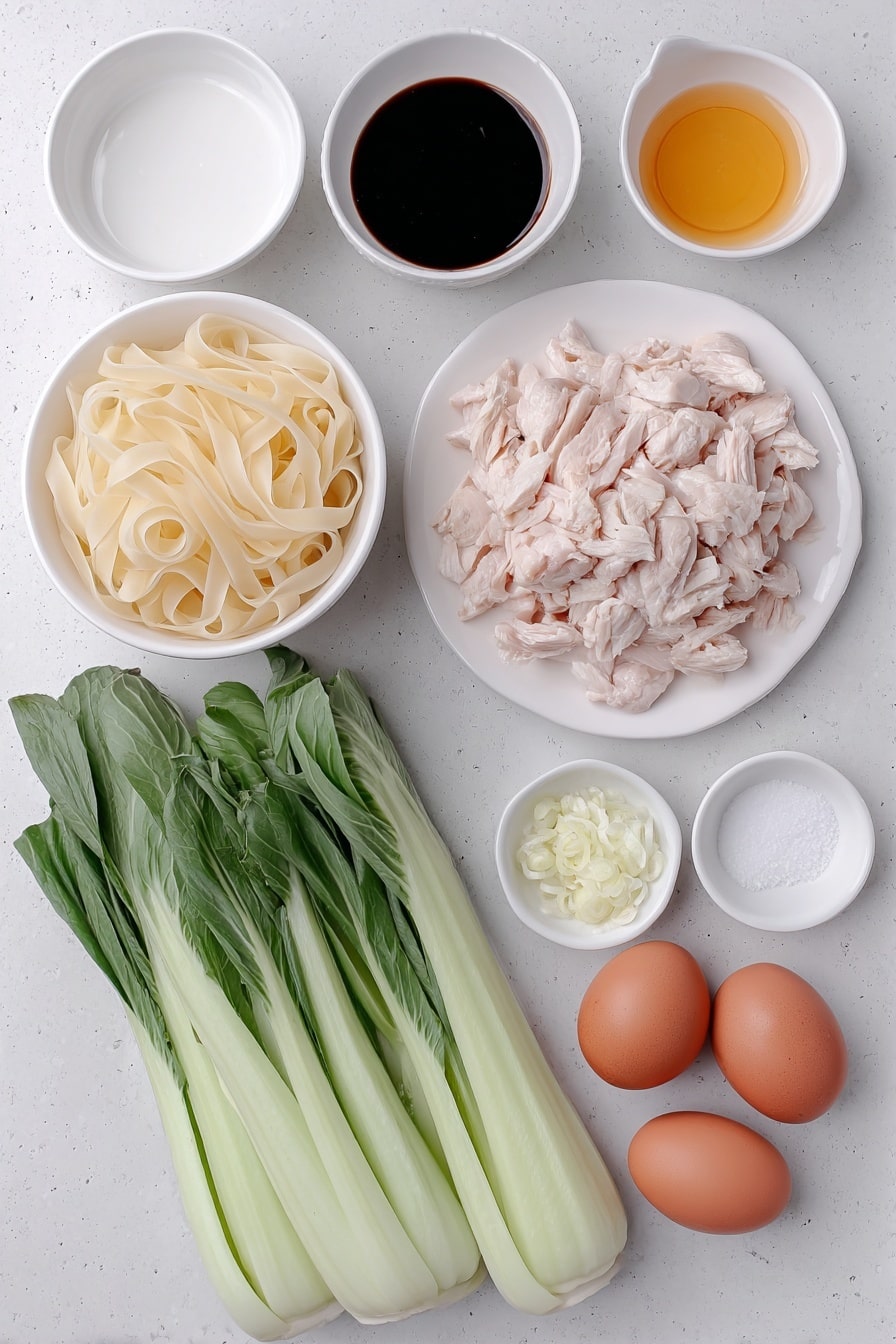 Flat lay of a small pile of fresh wide flat rice noodles (Sen Yai), two small white ceramic bowls containing dark soy sauce and oyster sauce, another small white bowl with light soy sauce, a small white bowl with white vinegar, a small white bowl with sugar crystals, three tablespoons of peanut oil in a small white bowl, two whole uncracked brown eggs, two peeled garlic cloves finely chopped and displayed in a small white bowl, a portion of raw sliced boneless skinless chicken thighs arranged neatly on a simple white ceramic plate, and four fresh Chinese broccoli stems with vibrant green leaves and crisp stalks laid out beside them, all placed on a clean white marble surface, soft natural light, photo taken with an iPhone, professional food photography style, fresh ingredients, white ceramic bowls, no bottles, no duplicates, no utensils, no packaging --ar 2:3 --v 7 --p m7354615311229779997 - Easy Thai Pad See Ew Stir Fry, Thai Pad See Ew, Stir Fry recipes, Thai street food, quick Asian noodle dishes