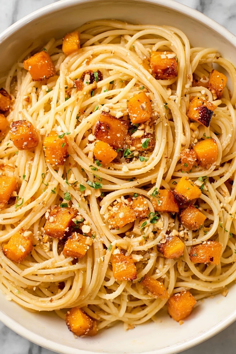 A white bowl filled with long cooked spaghetti noodles twisted loosely in a circle, mixed with cubed roasted orange butternut squash pieces scattered throughout. On top, there is a dollop of soft white ricotta cheese sprinkled lightly with black pepper. Small green sage leaves and some crumbled light-colored nuts are spread over the dish for texture. Two silver forks rest inside the bowl on one side. The bowl sits on a white marbled surface. Photo taken with an iphone --ar 2:3 --v 7 - Butternut Squash Sage Pasta, roasted butternut squash pasta, fall vegetarian pasta, easy cozy pasta recipes, healthy sage pasta
