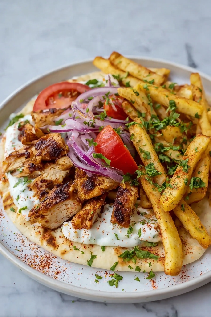 The dish shows a white plate with a flatbread base topped with white creamy sauce, sprinkled with red seasoning. On top of the sauce are sliced red tomatoes and thin purple onion slices. Above these are several pieces of grilled chicken with a brown crispy outside. On one side of the plate near the chicken are thick golden brown fries sprinkled with green chopped herbs. More green chopped herbs are scattered over the chicken and fries. The plate sits on a white marbled surface. photo taken with an iphone --ar 2:3 --v 7 - Easy Chicken Shawarma Wraps with Garlic Yoghurt, chicken shawarma wraps, flavorful chicken wraps, quick shawarma recipe, garlic yoghurt sauce wraps