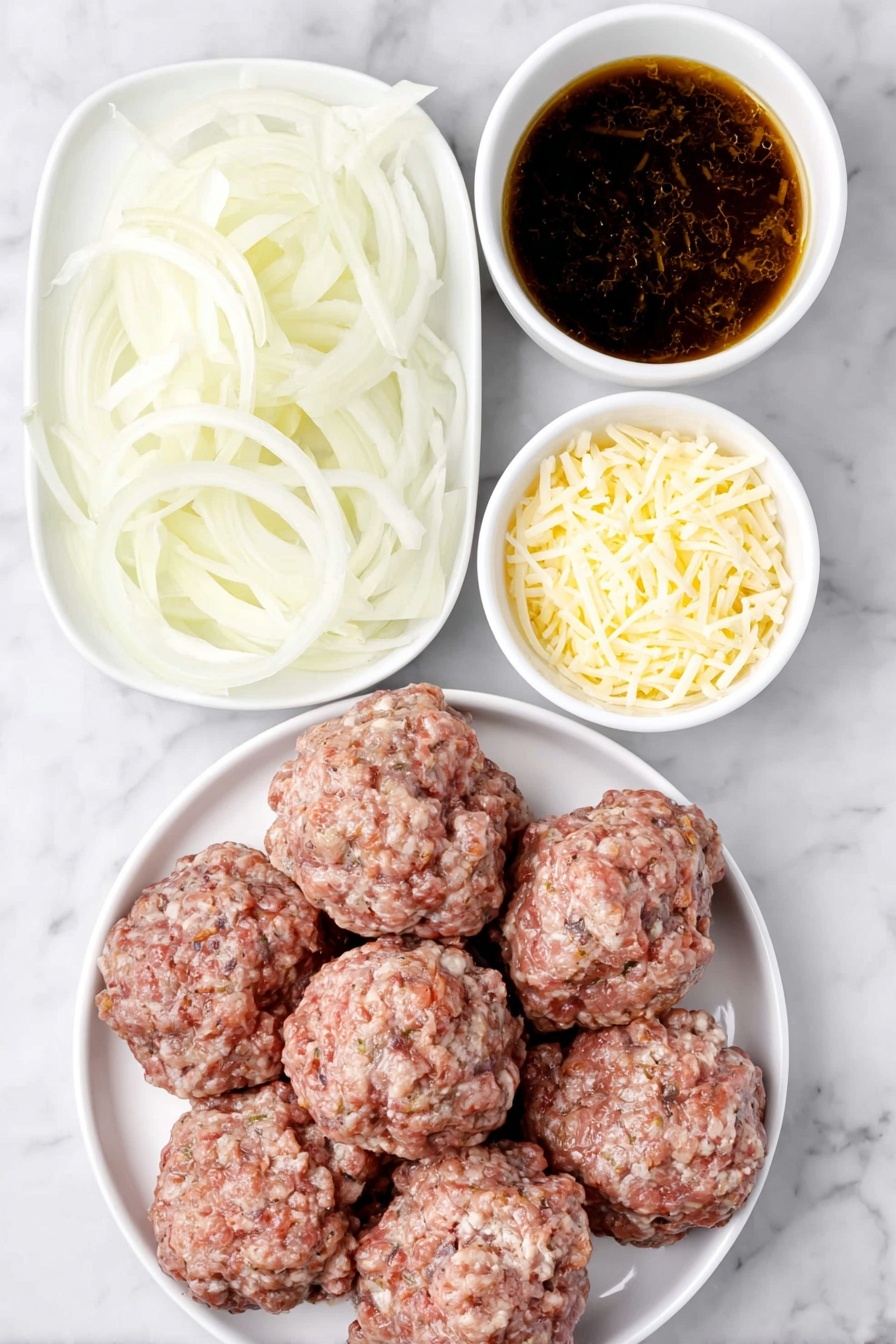 Flat lay of a large peeled yellow onion thinly sliced arranged neatly, a pile of fresh frozen beef meatballs still looking uncooked with natural texture, a small white ceramic bowl filled with rich, dark golden French onion soup, and a small mound of freshly shredded pale yellow gruyere cheese, all placed on simple white ceramic bowls or plates, perfectly balanced and symmetrical, placed on a clean white marble surface, soft natural light, photo taken with an iPhone, professional food photography style, fresh ingredients, white ceramic bowls, no bottles, no duplicates, no utensils, no packaging --ar 2:3 --v 7 --p m7354615311229779997 - Slow Cooker French Onion Meatballs, French Onion Soup Meatballs, Easy Slow Cooker Meatball Recipe, Cozy Dinner Ideas, Comfort Food Recipes