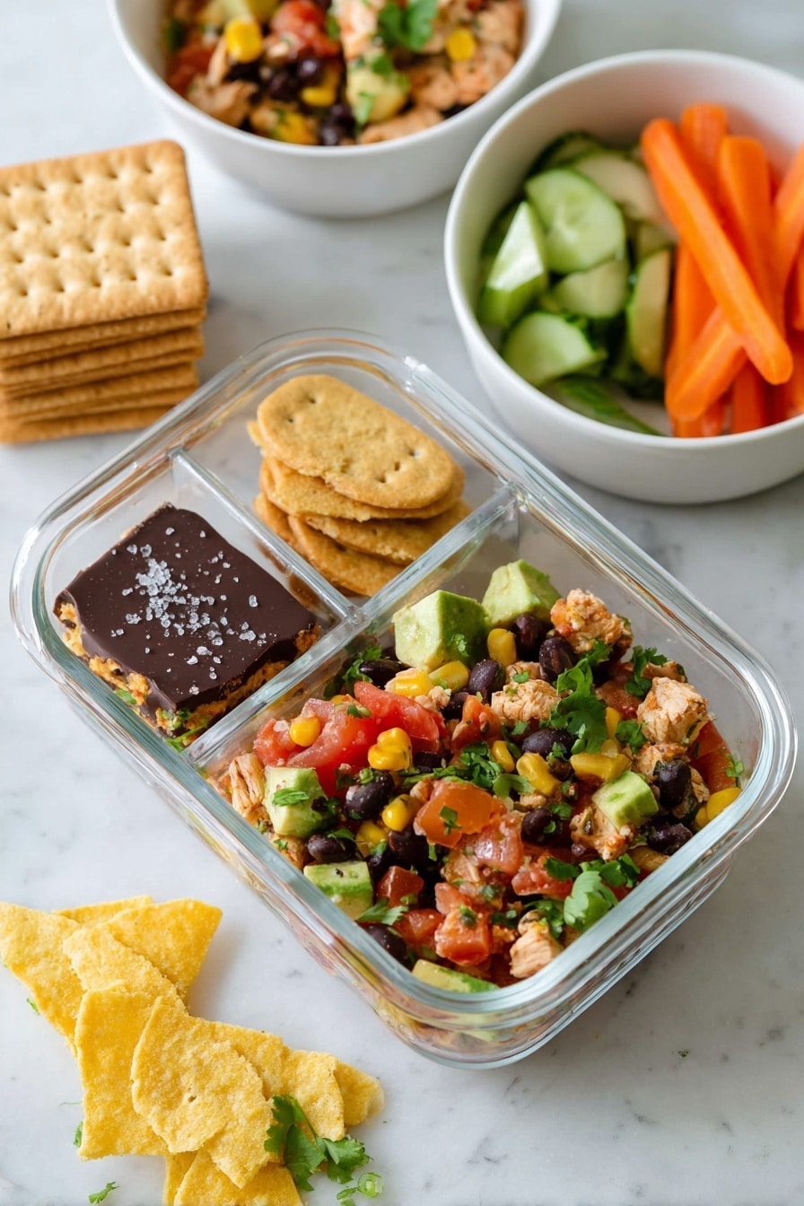A clear glass divided container sits on a white marbled surface, with the largest section filled with a colorful mix of diced chicken, black beans, corn, tomato, and green herbs, topped with chunks of avocado and cilantro leaves. One smaller side section holds stacked golden brown crackers next to a square piece of chocolate-covered dessert sprinkled with salt. The other smaller side section contains fresh cucumber slices and orange carrot sticks. Nearby, there is a white bowl filled with more of the chicken and bean mix and a small white bowl with extra avocado pieces. Three yellow tortilla chips and some green leafy herbs are scattered around the containers. Photo taken with an iphone --ar 2:3 --v 7 - Southwest Chicken Salad, Southwest Chicken Salad Recipe, Healthy Chicken Salad, Easy Chicken Salad, Quick Dinner Ideas