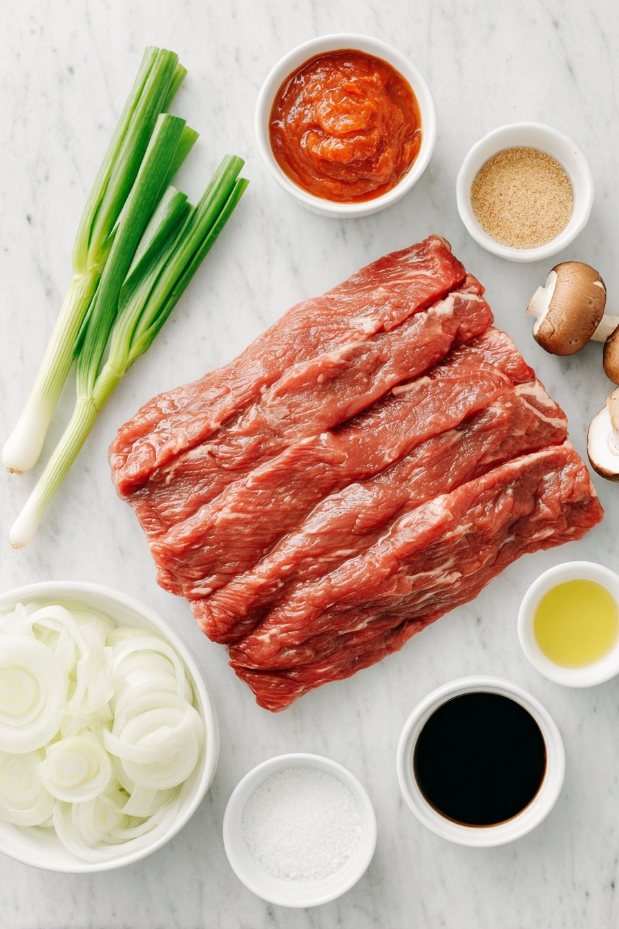 Flat lay of a fresh raw flank steak with rich marbling, a small white ceramic bowl of bright red gochujang paste, a few thinly sliced green onion stalks arranged neatly, a small white bowl of dark soy sauce, a small white bowl of clear rice vinegar, a small white bowl filled with finely minced garlic, a small white bowl of light brown ground ginger powder, a small white bowl of golden sesame oil, a small white bowl of granulated white sugar, two unopened packs of uncooked beef ramen noodles with seasoning packets visible inside clear wrappers, half a fresh white onion thinly sliced, and a handful of freshly sliced brown mushrooms, all placed on a clean white marble surface, soft natural light, photo taken with an iPhone, professional food photography style, fresh ingredients, white ceramic bowls, no bottles, no duplicates, no utensils, no packaging --ar 2:3 --v 7 --p m7354615311229779997 - Spicy Korean Beef Noodles, Korean Beef Noodles, Spicy Noodle Recipe, Korean Beef Stir-fry, Easy Korean Noodles