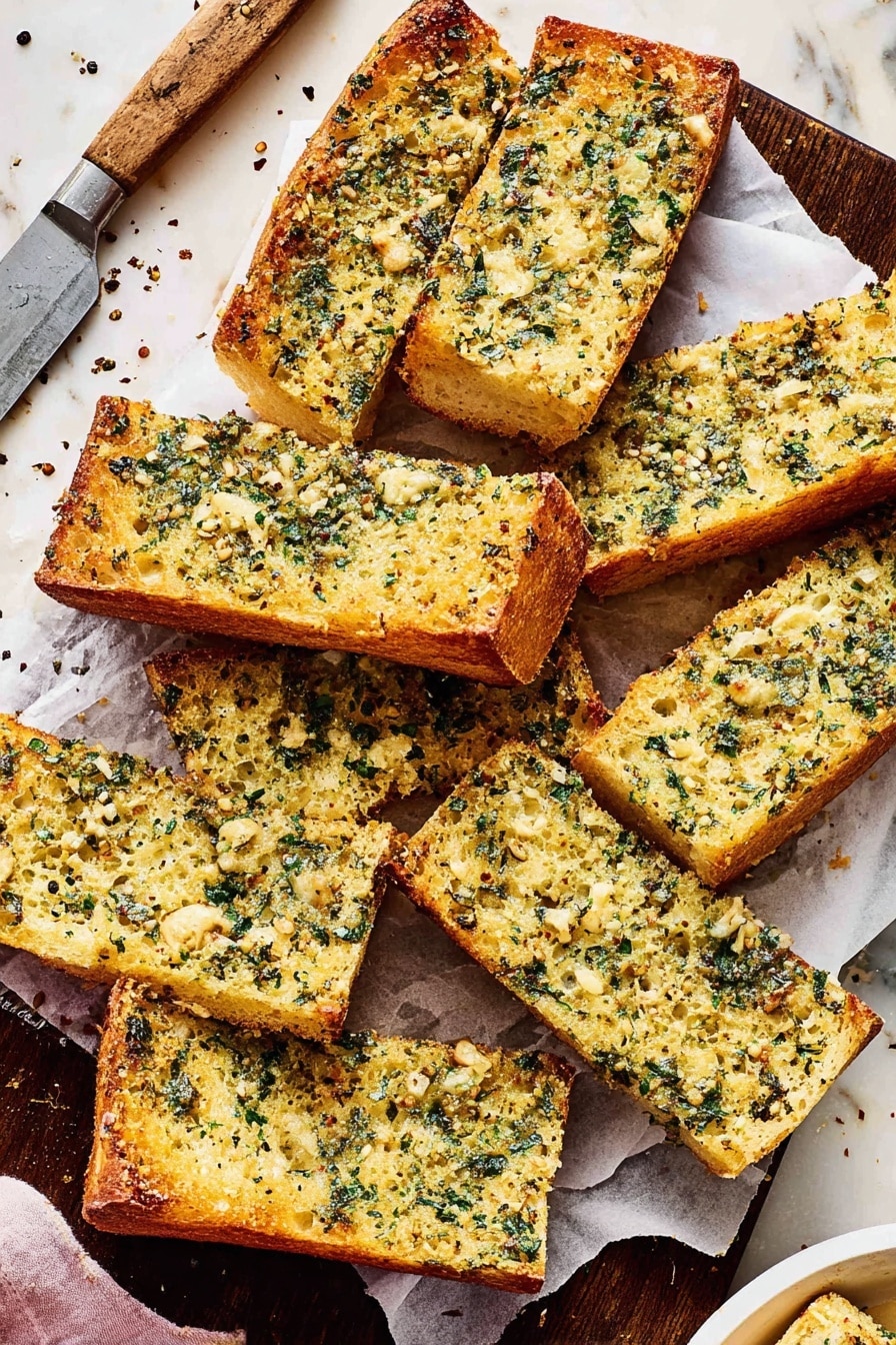 The image shows several pieces of garlic bread arranged closely on a white parchment paper over a dark wooden board. Each piece is thick with a crusty golden brown edge and a soft inside. The top layer is a textured mix of melted butter, finely chopped green herbs, and small bits of garlic spread evenly, giving a slightly browned and crispy look with some dark green specks. The bread slices are rectangular, except for one piece that is cut in a half-circle shape. A large knife with a wooden handle is placed diagonally near the top left corner of the board. The background is a white marbled surface with some scattered black pepper and crumbs around the bread. Photo taken with an iphone --ar 2:3 --v 7 - Garlic Herb Parmesan Bread, garlic bread recipe, cheesy garlic bread, homemade garlic bread, buttery herb bread