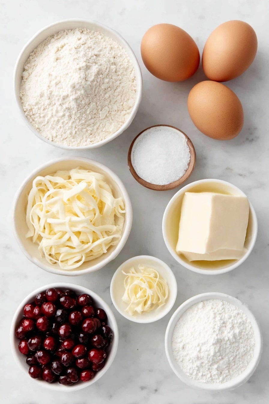 Flat lay of a small mound of all-purpose flour, a teaspoon of baking powder in a small white bowl, a small white bowl with fine salt, a small white bowl filled with milk, bright fresh orange zest curls, a small white bowl with freshly squeezed orange juice, a pat of softened unsalted butter, a heap of granulated sugar, two large whole uncracked brown eggs, a cluster of plump fresh cranberries, a small white bowl of powdered sugar, all arranged symmetrically on a clean white marble surface, soft natural light, photo taken with an iPhone, professional food photography style, fresh ingredients, white ceramic bowls, no bottles, no duplicates, no utensils, no packaging --ar 2:3 --v 7 --p m7354615311229779997 - Cranberry Orange Bread without Glaze, cranberry orange loaf, festive cranberry bread, easy citrus bread, moist fruit bread