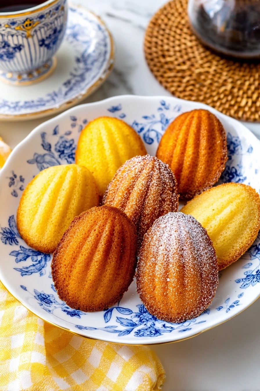 A white plate with blue floral patterns holds nine shell-shaped madeleine cakes arranged closely together in three rows. Five of the madeleines have a golden brown color with a slightly crispy texture and a light dusting of powdered sugar on top. The other four are lighter yellow with a soft and smooth surface. The plate is placed on a white marbled surface, next to a yellow and white checkered cloth. In the background, there is a woven coaster under a glass coffee pot and a part of a white plate with blue patterns is also visible. Photo taken with an iphone --ar 2:3 --v 7 - Lemon Madeleines, French Lemon Cakes, Lemon Based Pastries, Easy Madeleines, Lemon Dessert Recipes