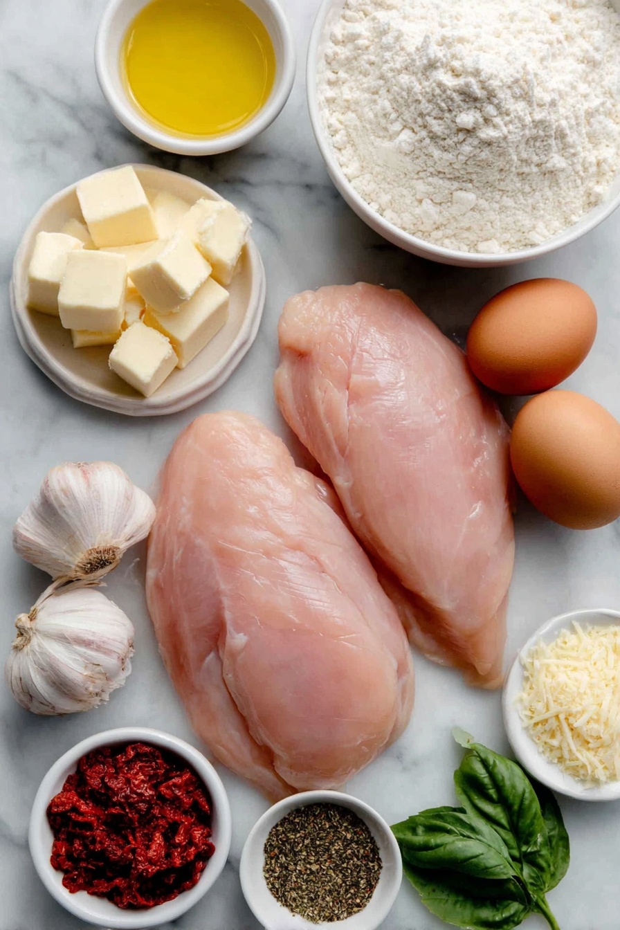 Flat lay of three large boneless skinless chicken breasts sliced lengthwise into thin cutlets, a small mound of all-purpose flour on a simple white ceramic plate, two whole brown eggs with clean shells, three fresh garlic cloves unpeeled, a small white bowl of golden olive oil, a small white bowl of unsalted butter chunks, a small white bowl of pale chicken stock, a small white bowl of heavy cream, a small white bowl filled with grated parmesan cheese, a small white bowl containing bright red chopped sundried tomatoes, a small white bowl of vibrant fresh basil leaves, sprinkled dried chili flakes, dried oregano and dried thyme arranged symmetrically on the white surface, all ingredients fresh and natural, no packaging or utensils, placed on a clean white marble surface, soft natural light, photo taken with an iPhone, professional food photography style, fresh ingredients, white ceramic bowls, no bottles, no duplicates, no utensils, no packaging --ar 2:3 --v 7 --p m7354615311229779997 - Creamy Marry Me Chicken, Creamy Marry Me Chicken recipe, easy chicken dinner, quick weeknight chicken, creamy garlic chicken