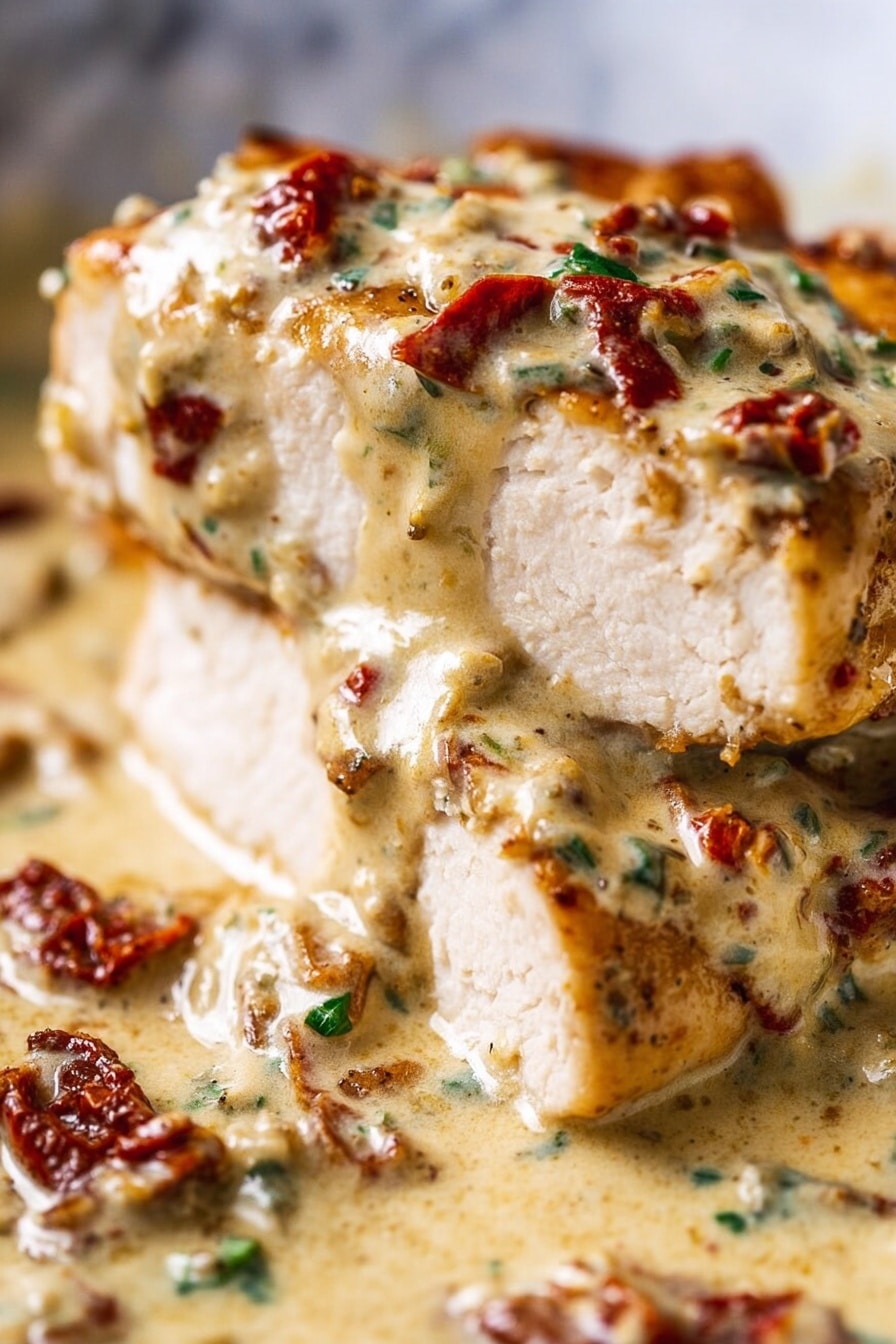 The image shows a close-up of several golden brown cooked chicken pieces covered in a creamy, pale yellow sauce with small chunks of red sun-dried tomatoes and finely chopped green herbs scattered on top. The chicken has a slightly crispy texture from browning and the sauce looks thick and rich, coating each piece evenly. The background is a white marbled texture. photo taken with an iphone --ar 2:3 --v 7 - Creamy Marry Me Chicken, Creamy Marry Me Chicken recipe, easy chicken dinner, quick weeknight chicken, creamy garlic chicken