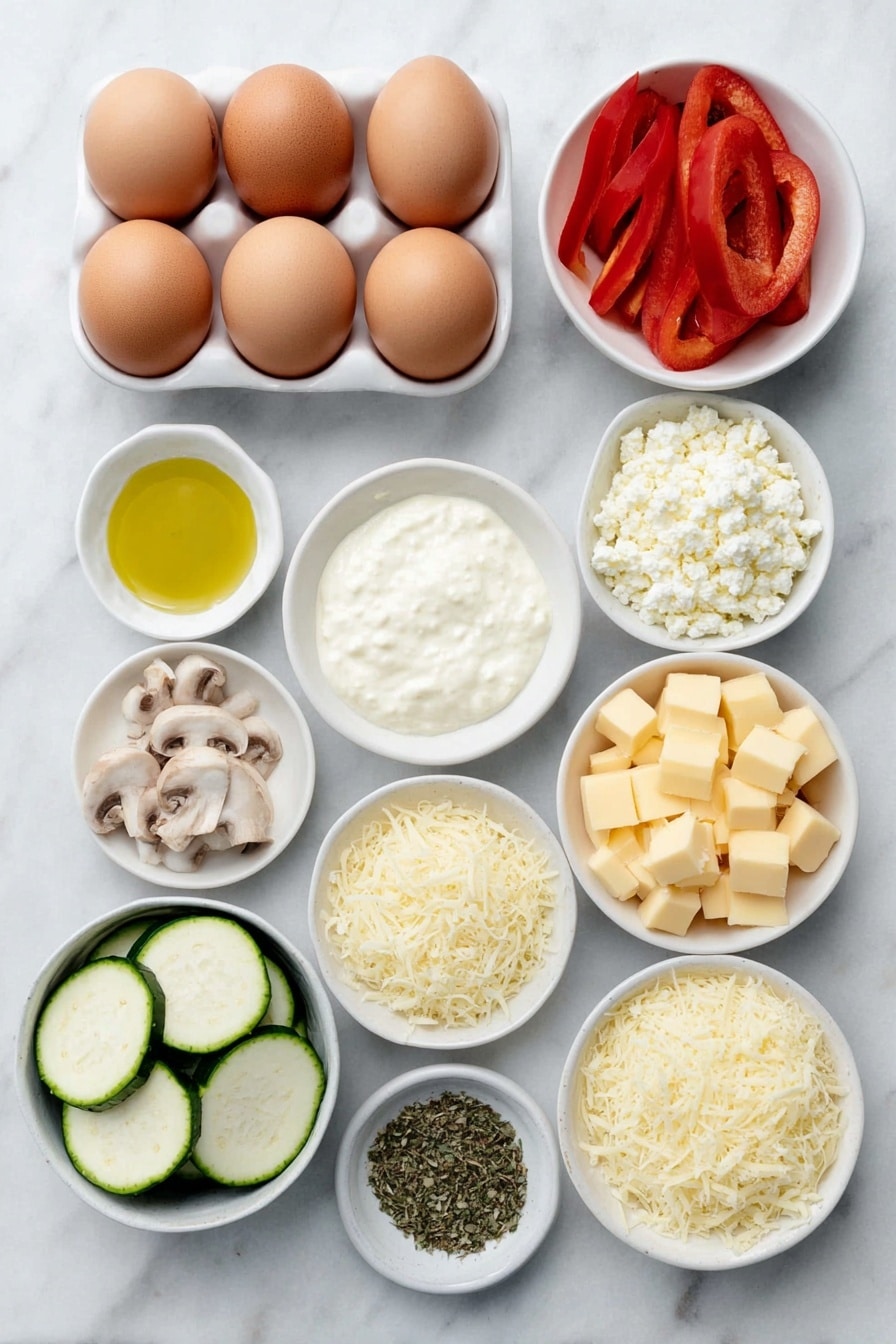 Flat lay of whole uncracked brown eggs arranged neatly, a small white ceramic bowl filled with fresh cream, a small white bowl of finely minced garlic cloves, sliced fresh mushrooms scattered naturally, a small white bowl containing crumbled feta cheese, a small white bowl with shredded cheddar cheese, vibrant orange cubes of raw pumpkin, thick round slices of green zucchini, bright red bell pepper slices, a small white bowl holding golden olive oil, and a small white ceramic bowl with a mix of dried herbs placed symmetrically, all ingredients fresh and natural, placed on a clean white marble surface, soft natural light, photo taken with an iPhone, professional food photography style, fresh ingredients, white ceramic bowls, no bottles, no duplicates, no utensils, no packaging --ar 2:3 --v 7 --p m7354615311229779997 - Baked Vegetable Frittata, Vegetable Frittata, Baked Frittata Recipe, Healthy Breakfast Frittata, Easy Vegetable Frittata