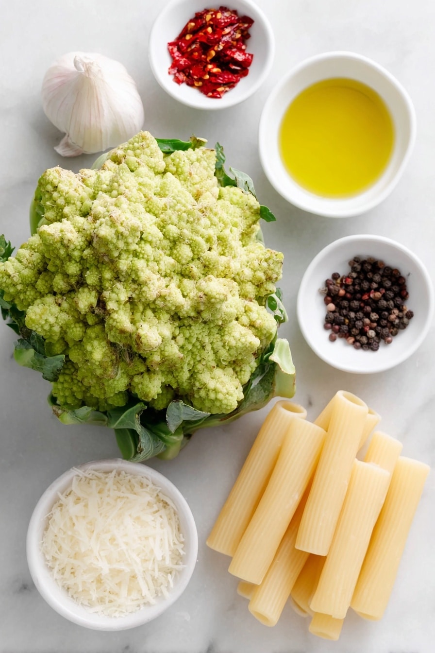 Flat lay of a medium head of fresh Romanesco broccoli with its intricate light green fractal florets, a small white ceramic bowl of golden extra virgin olive oil, one whole uncracked garlic clove with smooth white skin, a small white ceramic bowl containing bright red chili flakes, a single shiny anchovy fillet glistening on a small white ceramic dish, coarse sea salt crystals and whole black peppercorns elegantly arranged in a small white ceramic dish, uncooked pale yellow maccheroni pasta tubes neatly aligned on a simple white ceramic plate, and a small white ceramic bowl filled with finely grated pale yellow Pecorino Romano cheese, all placed on a clean white marble surface, soft natural light, photo taken with an iPhone, professional food photography style, fresh ingredients, white ceramic bowls, no bottles, no duplicates, no utensils, no packaging --ar 2:3 --v 7 --p m7354615311229779997 - Romanesco Broccoli Pasta with Pecorino, Romanesco broccoli pasta, Italian pasta with Romanesco, Pecorino cheese pasta, easy Romanesco pasta recipe