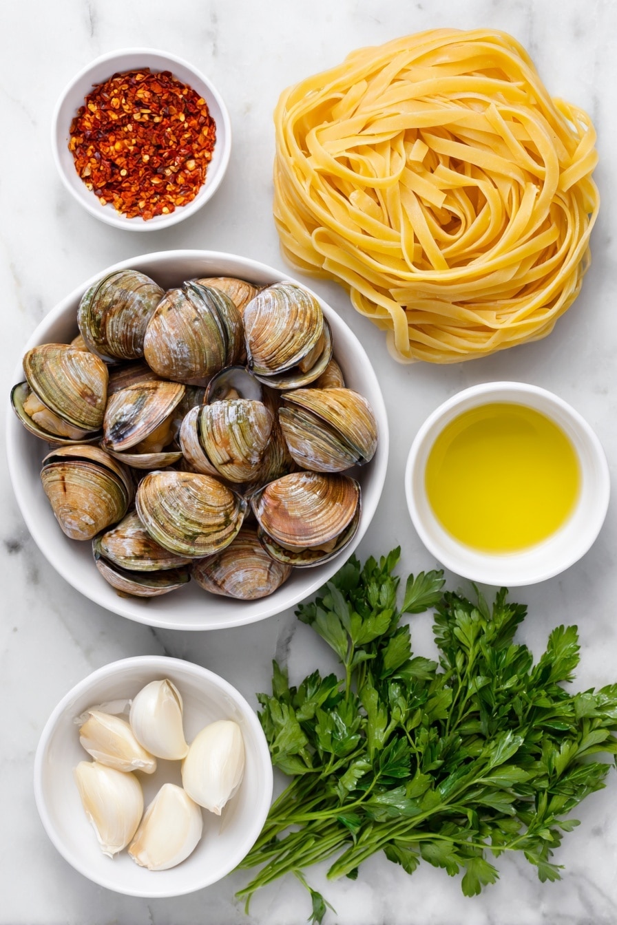 Flat lay of fresh linguine pasta neatly coiled, a cluster of glossy fresh clams in their shells, several whole uncracked garlic cloves with smooth white skins, a small white ceramic bowl holding bright red finely chopped peperoncino flakes, another small white bowl filled with golden extra virgin olive oil, a handful of vibrant green fresh parsley sprigs, and a small white bowl containing pale dry white wine, all arranged with perfect symmetry on a clean white marble surface, soft natural light, photo taken with an iPhone, professional food photography style, fresh ingredients, white ceramic bowls, no bottles, no duplicates, no utensils, no packaging --ar 2:3 --v 7 --p m7354615311229779997 - Linguine with Clams, clam linguine recipe, Italian pasta with clams, easy seafood pasta, briny garlic pasta