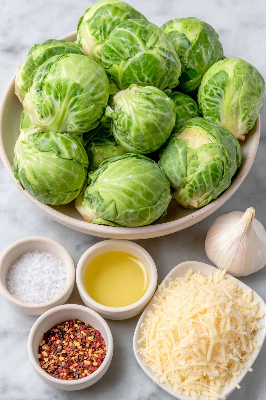 Flat lay of fresh green Brussels sprouts cut in half, a small white ceramic bowl with golden olive oil, a whole white garlic clove, a small white bowl filled with fine kosher salt crystals, a small white bowl with freshly ground black peppercorns, a pinch of bright red pepper flakes on a white ceramic dish, a small mound of finely grated pale yellow Parmesan cheese on a simple white ceramic plate placed on a clean white marble surface, soft natural light, photo taken with an iPhone, professional food photography style, fresh ingredients, white ceramic bowls, no bottles, no duplicates, no utensils, no packaging --ar 2:3 --v 7 --p m7354615311229779997 - Crispy Parmesan Brussels Sprouts, Brussels Sprouts Side Dish, Easy Brussels Sprouts Recipe, Cheesy Brussels Sprouts, Healthy Vegetable Side