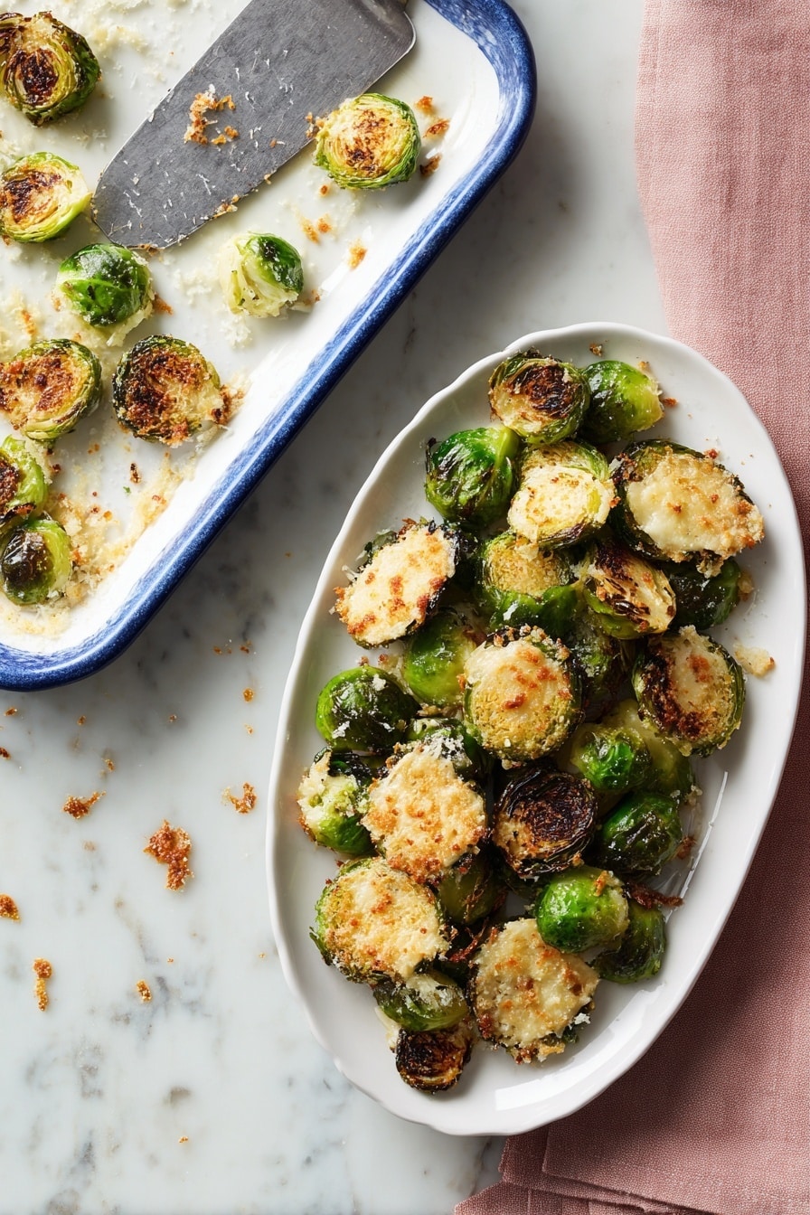 The dish shows roasted Brussels sprouts with a crispy golden-brown crust. There are whole and halved Brussels sprouts with bright green insides and browned, textured outer layers. The sprouts sit in a white bowl, spread evenly and mixed, with some pieces having a crunchy, lacy, golden coating attached. The background is a white marbled surface. Photo taken with an iphone --ar 2:3 --v 7 - Crispy Parmesan Brussels Sprouts, Brussels Sprouts Side Dish, Easy Brussels Sprouts Recipe, Cheesy Brussels Sprouts, Healthy Vegetable Side