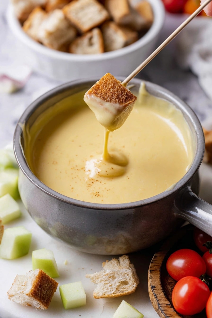 A gray pot filled with smooth, thick, light yellow cheese sauce is placed on a white marbled surface. A wooden skewer holds a piece of light brown toasted bread dipped into the cheese sauce, with sauce clinging to the bread. Around the pot, there are small green apple cubes and halved light brown bread pieces scattered on the white marbled surface. A wooden board with a few red grape tomatoes is partially visible on the right side. In the background to the left, there is a blurred white bowl filled with more toasted bread pieces. photo taken with an iphone --ar 2:3 --v 7 - Cheese Fondue, Cheese Fondue with Dippables, Melty Cheese Dip Recipe, Easy Cheese Fondue, Party Cheese Fondue