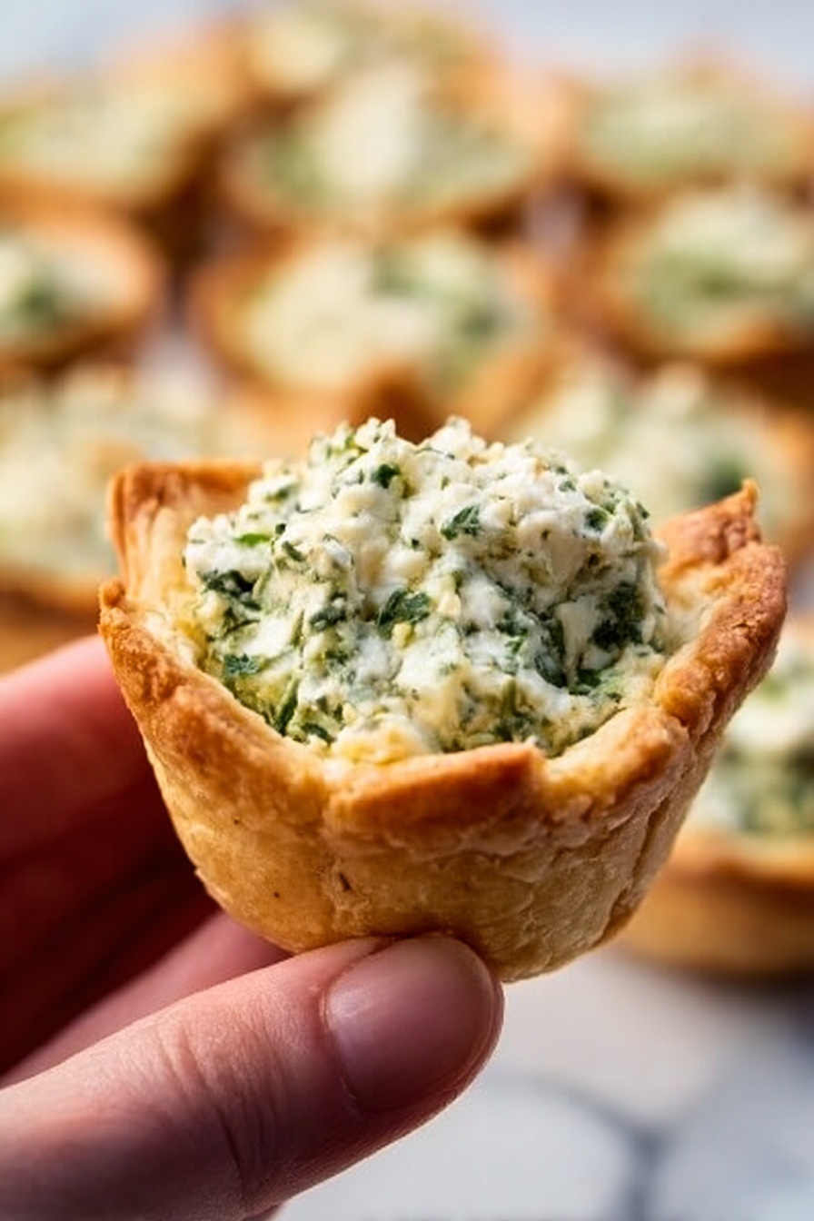 The image shows several small square-shaped pastry cups filled with a spinach and cheese mixture. Each pastry cup has golden brown, crisp edges with a slightly puffed texture. Inside, there is a layer of creamy green spinach mixed with white melted cheese on top, which looks soft and slightly bubbly. The cups are closely arranged on a wooden surface with a light, natural grain. The background is softly blurred, drawing attention to the details of the pastry cups in the foreground. photo taken with an iphone --ar 2:3 --v 7 - Spinach Artichoke Bites, Spinach Artichoke Appetizer, Easy party snacks, Cheesy crescent bites, Quick finger foods