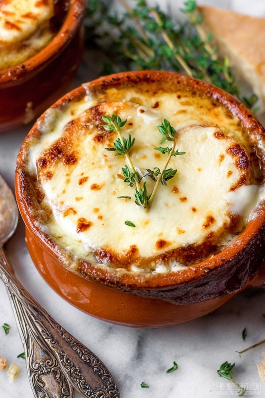 The image shows a small round white ceramic bowl filled with a dish that has three layers. The bottom layer is a golden-brown base, likely cooked meat or vegetables in sauce. On top of this is a thick layer of melted white cheese with light golden spots from baking, covering the whole surface smoothly. There are a few fresh green thyme sprigs placed on top of the cheese for decoration. The bowl is set on a white marbled surface, and next to it is a metal spoon with ornate handles and some scattered green herbs around. The overall look is warm and inviting, with a crispy cheese topping that looks soft and creamy underneath. Photo taken with an iphone --ar 2:3 --v 7 - Easy Crockpot French Onion Soup, crockpot onion soup, slow cooker French onion, caramelized onion soup, cheesy French onion soup