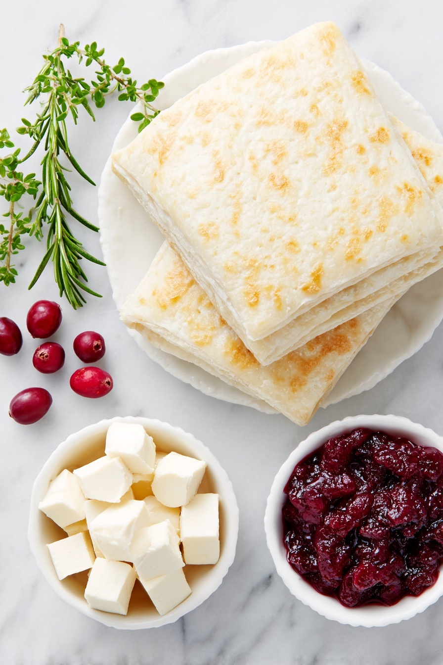 Flat lay of a sheet of pale golden puff pastry with visible layers, small cubes of creamy white brie cheese with a thin rind, a small white ceramic bowl filled with bright red cranberry sauce, and a few fresh green sprigs of rosemary arranged neatly, all placed on a clean white marble surface, soft natural light, photo taken with an iPhone, professional food photography style, fresh ingredients, white ceramic bowls, no bottles, no duplicates, no utensils, no packaging --ar 2:3 --v 7 --p m7354615311229779997 - Cranberry Brie Puff Pastry Bites, holiday appetizer ideas, easy puff pastry appetizers, festive finger foods, Brie and cranberry snack