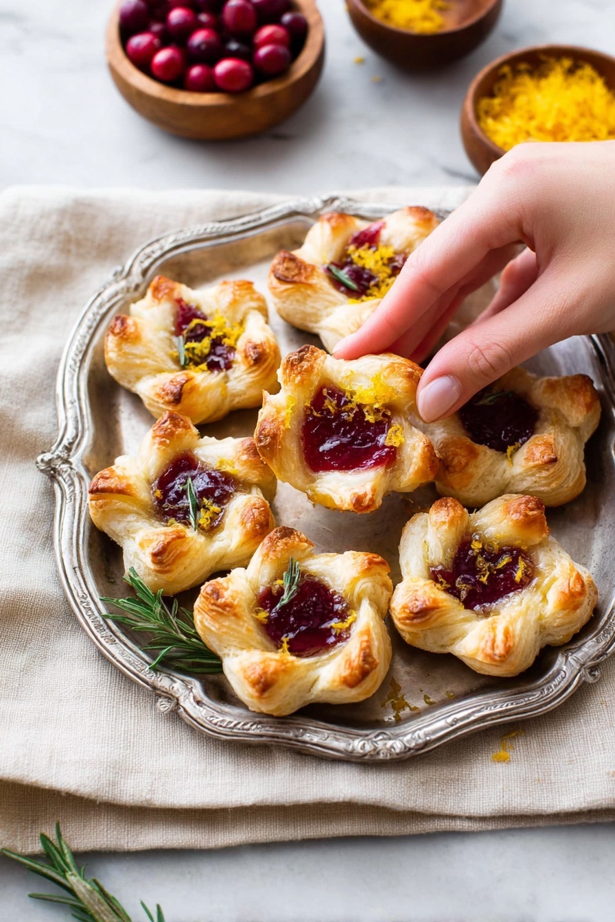 A silver tray holds eight puff pastries, each shaped like a flower with four golden-brown, flaky petals curved upward around a deep red, glossy filling in the center. Some pastries have small green rosemary sprigs on top, while others are decorated with bright yellow zest. The tray rests on a light beige cloth over a white marbled surface. In the background, there are two small wooden bowls, one filled with whole fresh cranberries and the other with orange zest. A woman's hand is reaching to pick up one of the pastries. Photo taken with an iphone --ar 2:3 --v 7 - Cranberry Brie Puff Pastry Bites, holiday appetizer ideas, easy puff pastry appetizers, festive finger foods, Brie and cranberry snack
