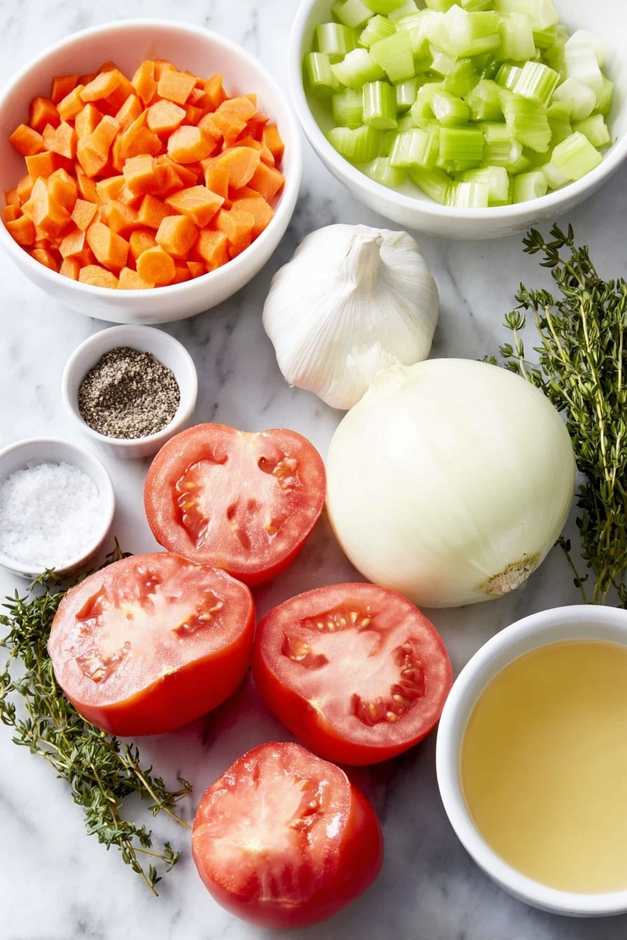 Flat lay of ripe halved roma tomatoes with vibrant red flesh, a whole bulb of garlic with papery white skin, fresh green thyme sprigs, a large peeled and diced white onion, bright orange shredded carrots, crisp light green diced celery stalks, a handful of fresh chopped basil leaves, a small white bowl of smooth cream, a small white bowl of golden chicken broth, and small white bowls of coarse salt and black peppercorns, all arranged in perfect symmetry with balanced proportions on a clean white marble surface, soft natural light, photo taken with an iPhone, professional food photography style, fresh ingredients, white ceramic bowls, no bottles, no duplicates, no utensils, no packaging --ar 2:3 --v 7 --p m7354615311229779997 - Roasted Tomato Soup with Fresh Basil, Tomato Soup Recipe, Homemade Tomato Basil Soup, Easy Roasted Tomato Soup, Fresh Basil Soup