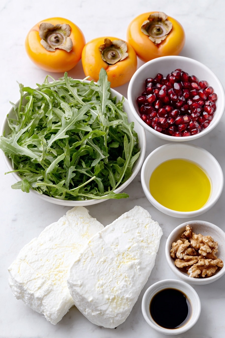 Flat lay of fresh arugula leaves arranged neatly, two whole Fuyu persimmons sliced into wedges showing bright orange flesh, a small pile of raw walnuts with natural textures, torn pieces of creamy white burrata cheese, a small white bowl filled with ruby red pomegranate seeds, and two small white bowls containing dark balsamic vinegar and golden olive oil placed side by side, along with a tiny white bowl of amber maple syrup and a tiny white bowl of fine white salt, all ingredients symmetrically spaced on a clean white marble surface, soft natural light, photo taken with an iPhone, professional food photography style, fresh ingredients, white ceramic bowls, no bottles, no duplicates, no utensils, no packaging --ar 2:3 --v 7 --p m7354615311229779997 - Persimmon Burrata Salad with Balsamic Dressing, fresh persimmon salad, burrata cheese salad, seasonal fruit salad, easy elegant salad
