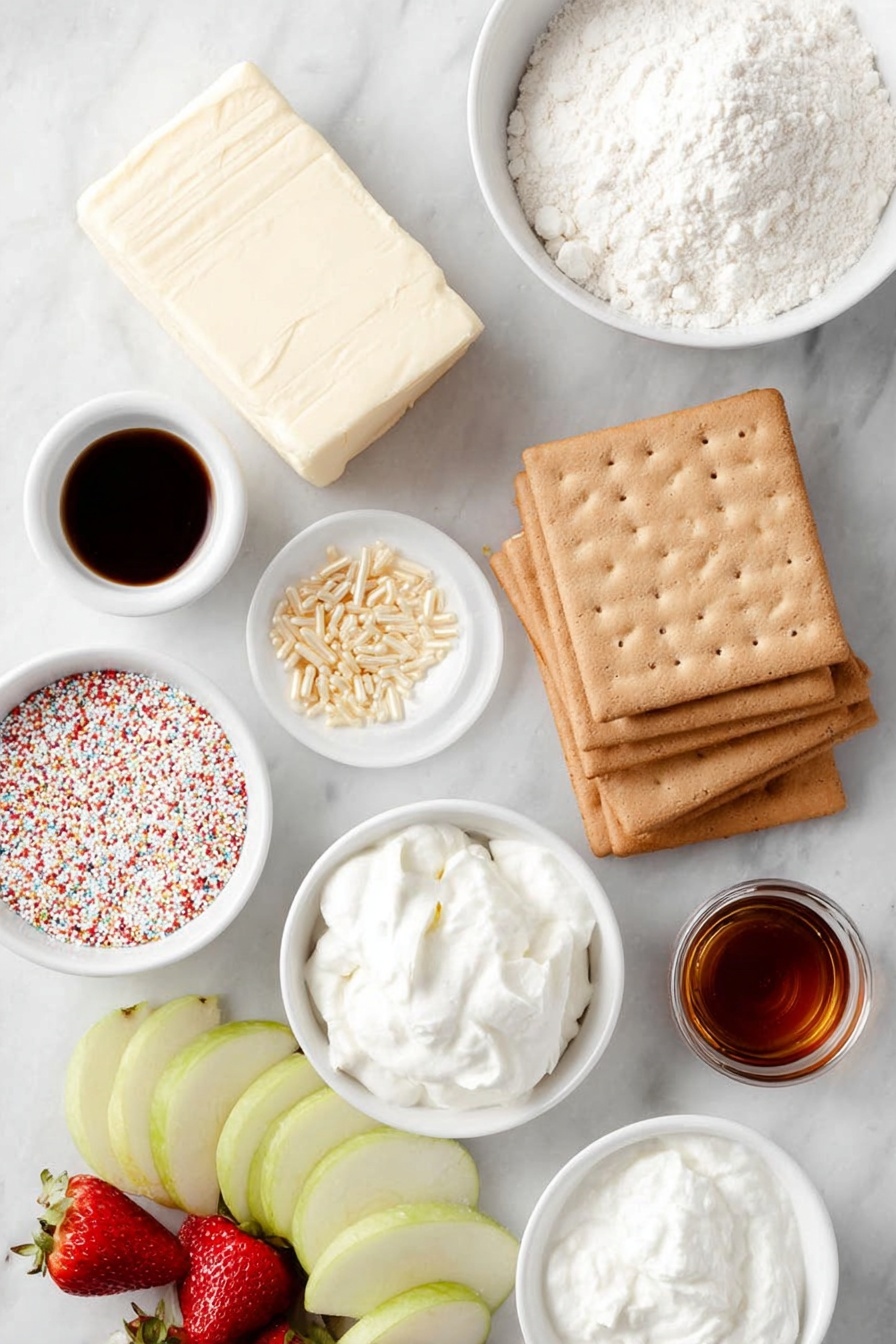 Flat lay of softened butter in a small white ceramic bowl, a block of cream cheese resting beside it, a small white bowl filled with fine white flour, a small white bowl containing smooth non-fat vanilla Greek yogurt, a small white bowl holding fluffy powdered sugar, a small white bowl with golden holiday sprinkles, a small white bowl with clear vanilla extract, a neat stack of rectangular graham crackers, fresh strawberries and sliced green apples arranged simply, all ingredients fresh and natural, perfect symmetry and balanced layout, placed on a clean white marble surface, soft natural light, photo taken with an iPhone, professional food photography style, fresh ingredients, white ceramic bowls, no bottles, no duplicates, no utensils, no packaging --ar 2:3 --v 7 --p m7354615311229779997 - Festive Cookie Dough Dip, holiday cookie dip, easy holiday appetizers, no-bake cookie dip, Christmas party dessert